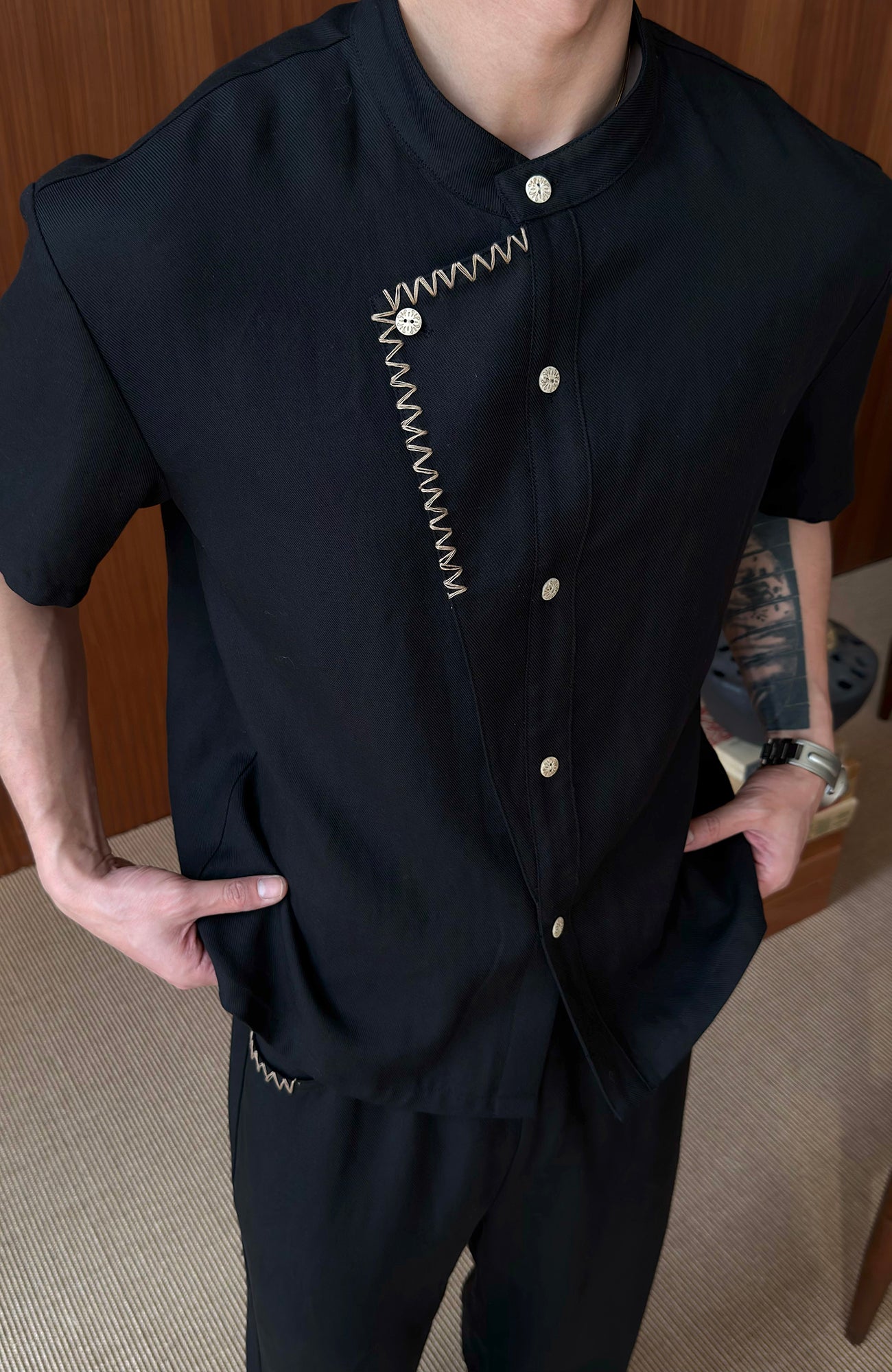 KREATE Stitched Faux-Placket Short Sleeve Shirt-Shirt-S-Black-Free Shipping Leatheretro