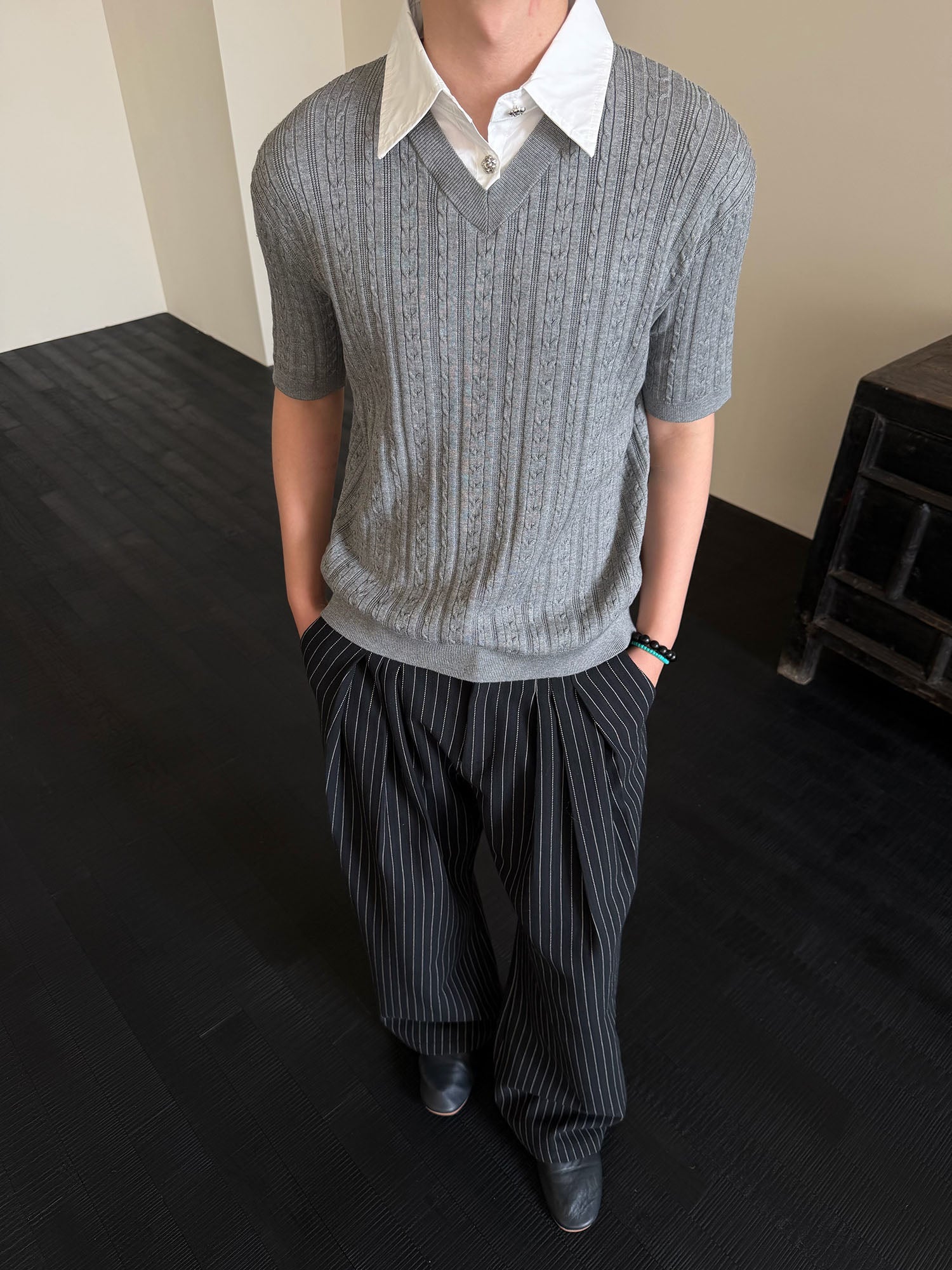 KREATE Faux Layered Cable-Knit Half Shirt-Half shirt-S-Gray-Free Shipping Leatheretro