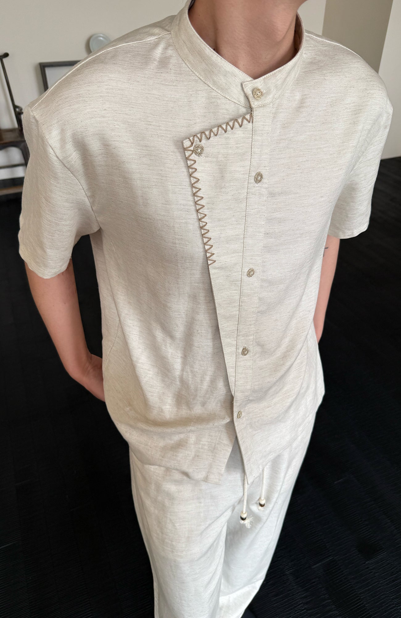 KREATE Stitched Faux-Placket Short Sleeve Shirt-Shirt-S-Black-Free Shipping Leatheretro