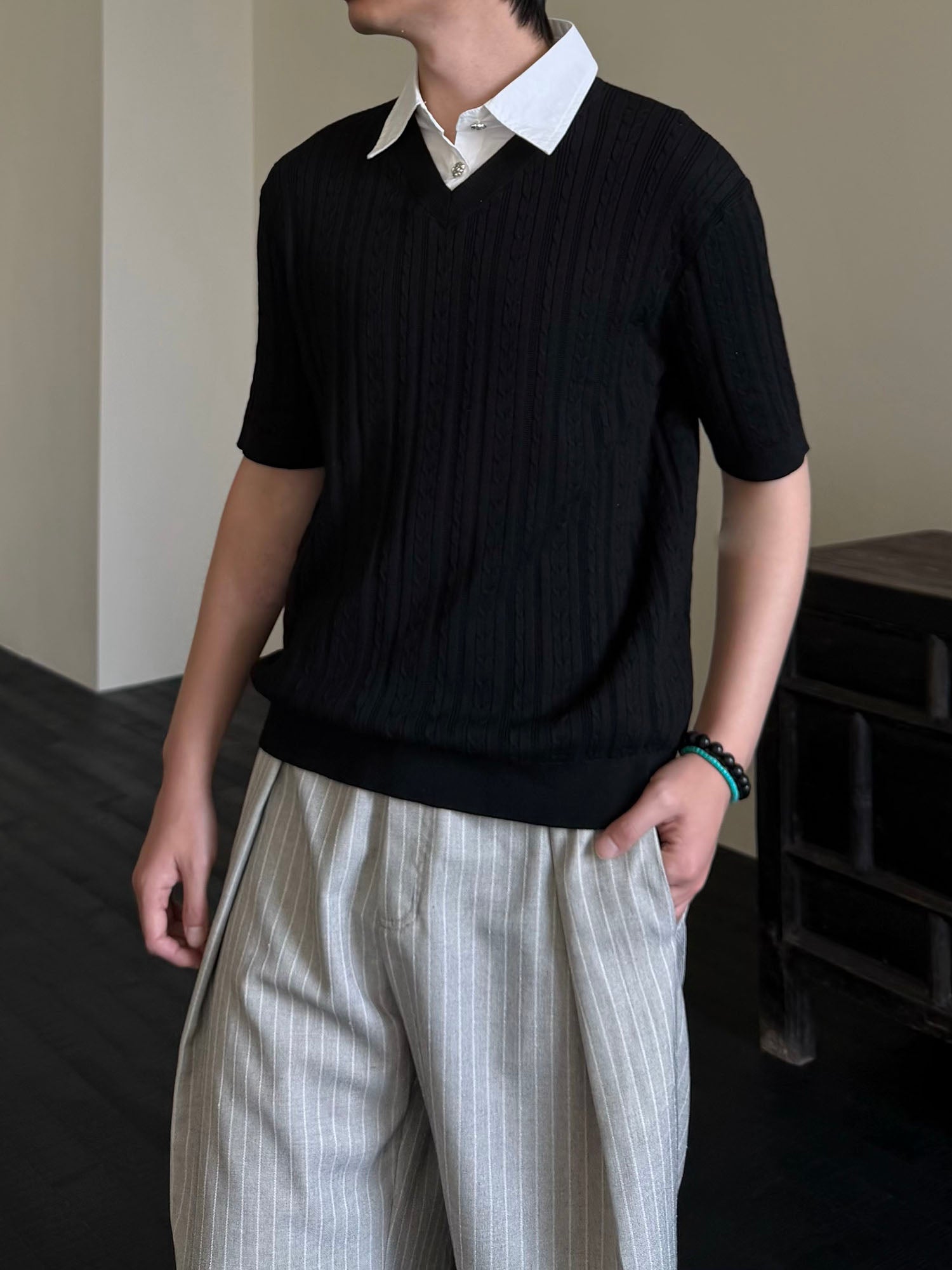 KREATE Faux Layered Cable-Knit Half Shirt-Half shirt-S-Gray-Free Shipping Leatheretro