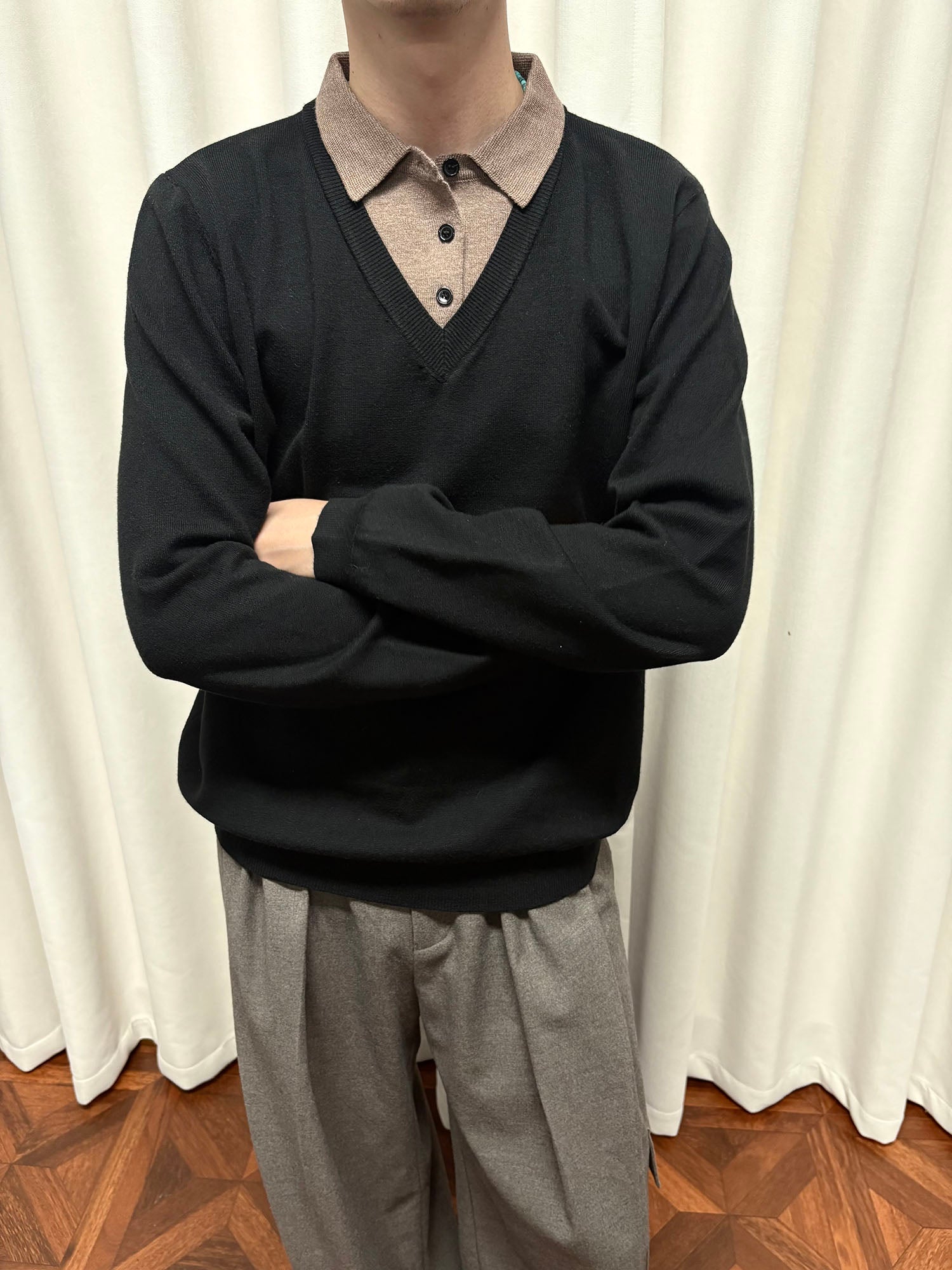 KREATE Contrast Faux Layered Polo Sweater-Sweater-S-Gray-Free Shipping Leatheretro