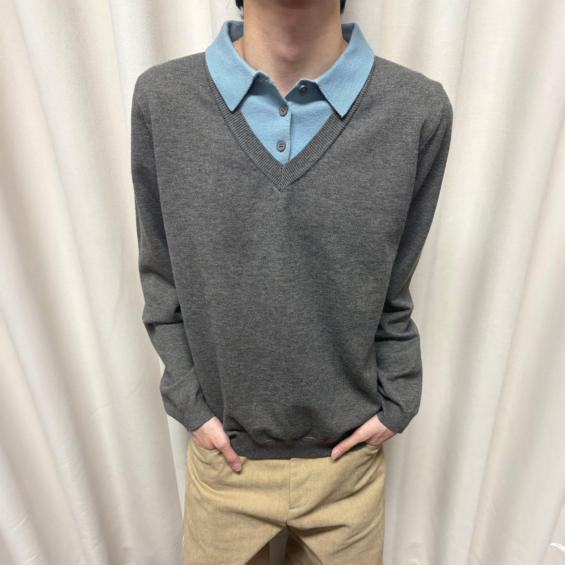 KREATE Contrast Faux Layered Polo Sweater-Sweater-S-Gray-Free Shipping Leatheretro