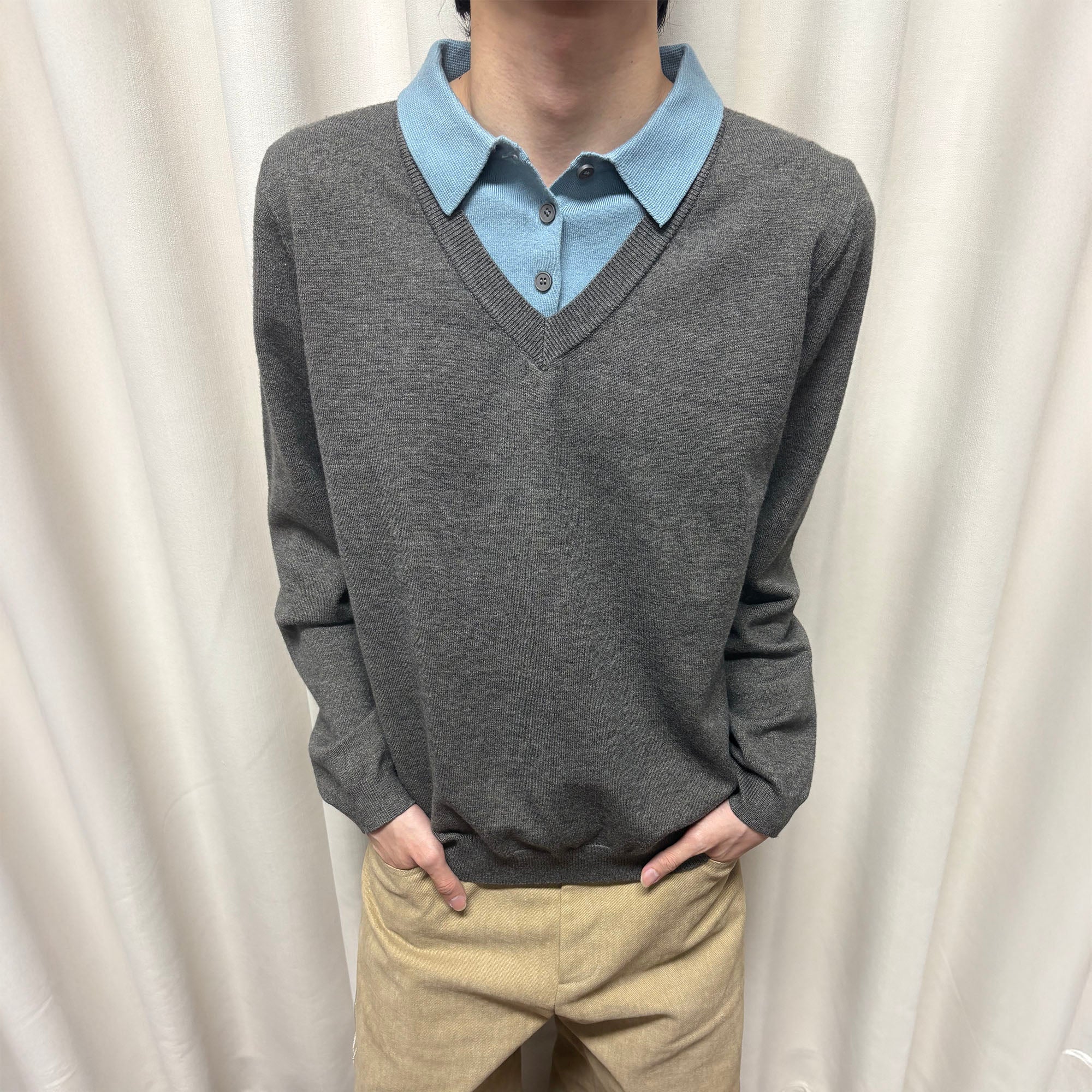 KREATE Contrast Faux Layered Polo Sweater-Sweater-S-Gray-Free Shipping Leatheretro