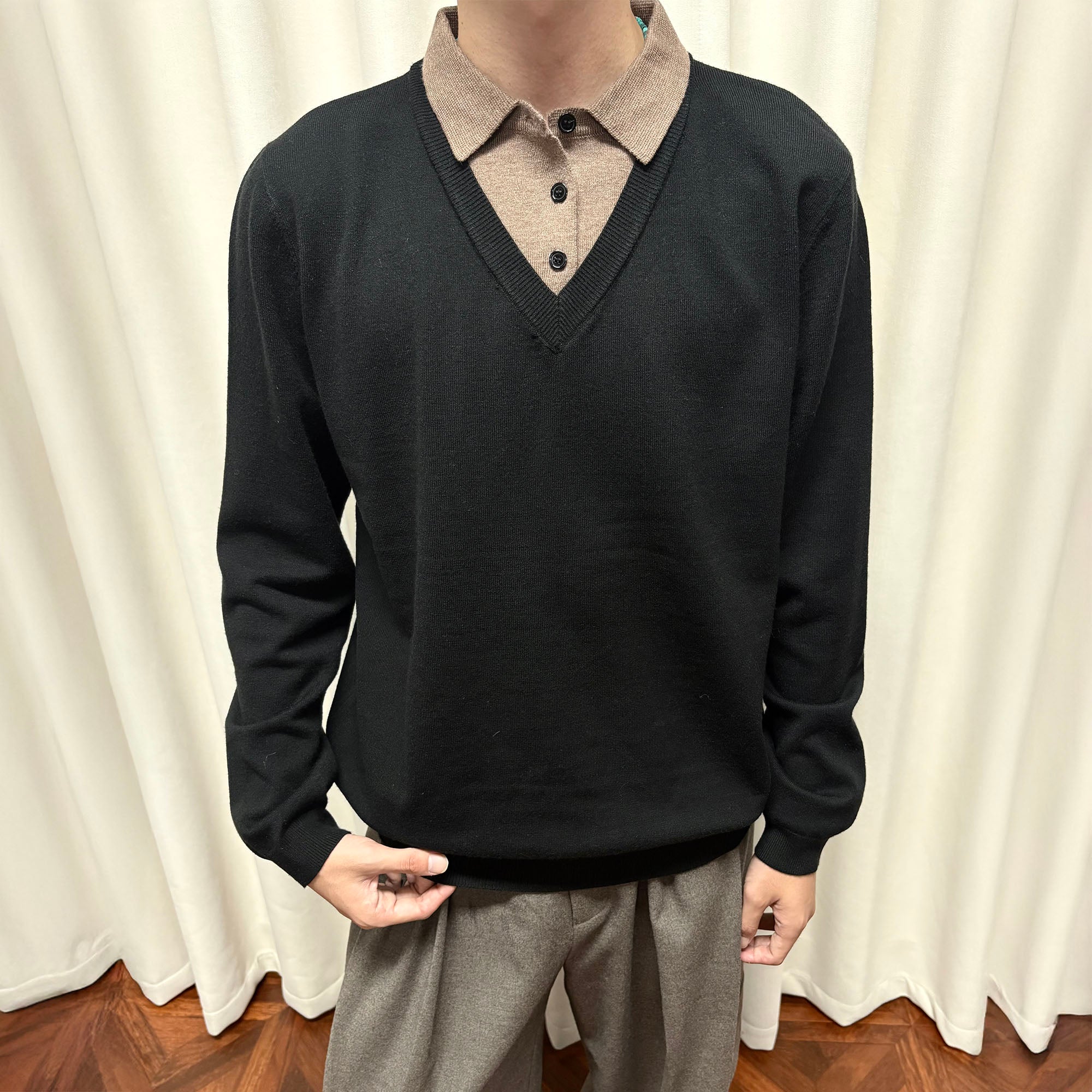 KREATE Contrast Faux Layered Polo Sweater-Sweater-S-Black-Free Shipping Leatheretro