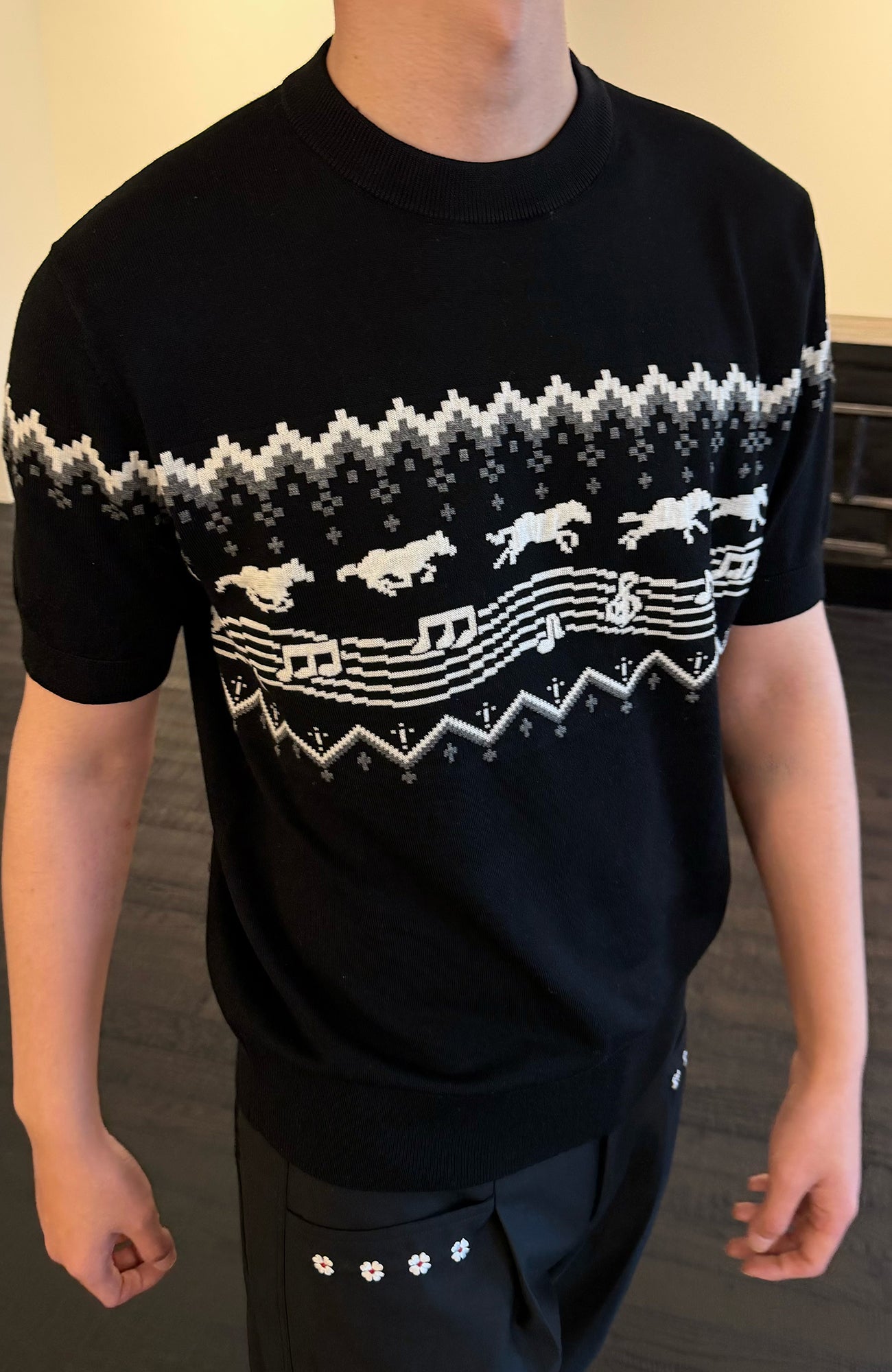 KREATE Horse Jacquard Knit Tee-T Shirt-S (Preorder)-Black-Free Shipping Leatheretro