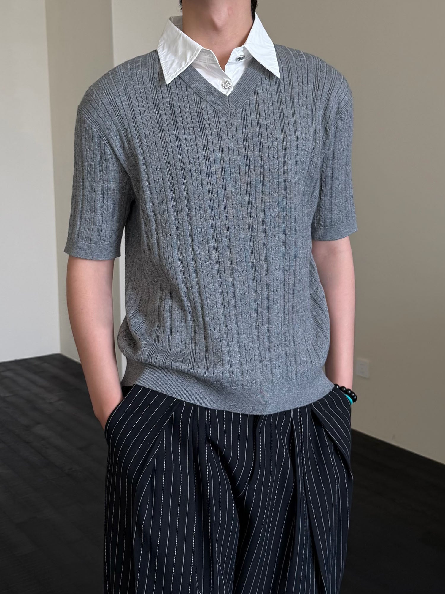 KREATE Faux Layered Cable-Knit Half Shirt-Half shirt-S-Gray-Free Shipping Leatheretro
