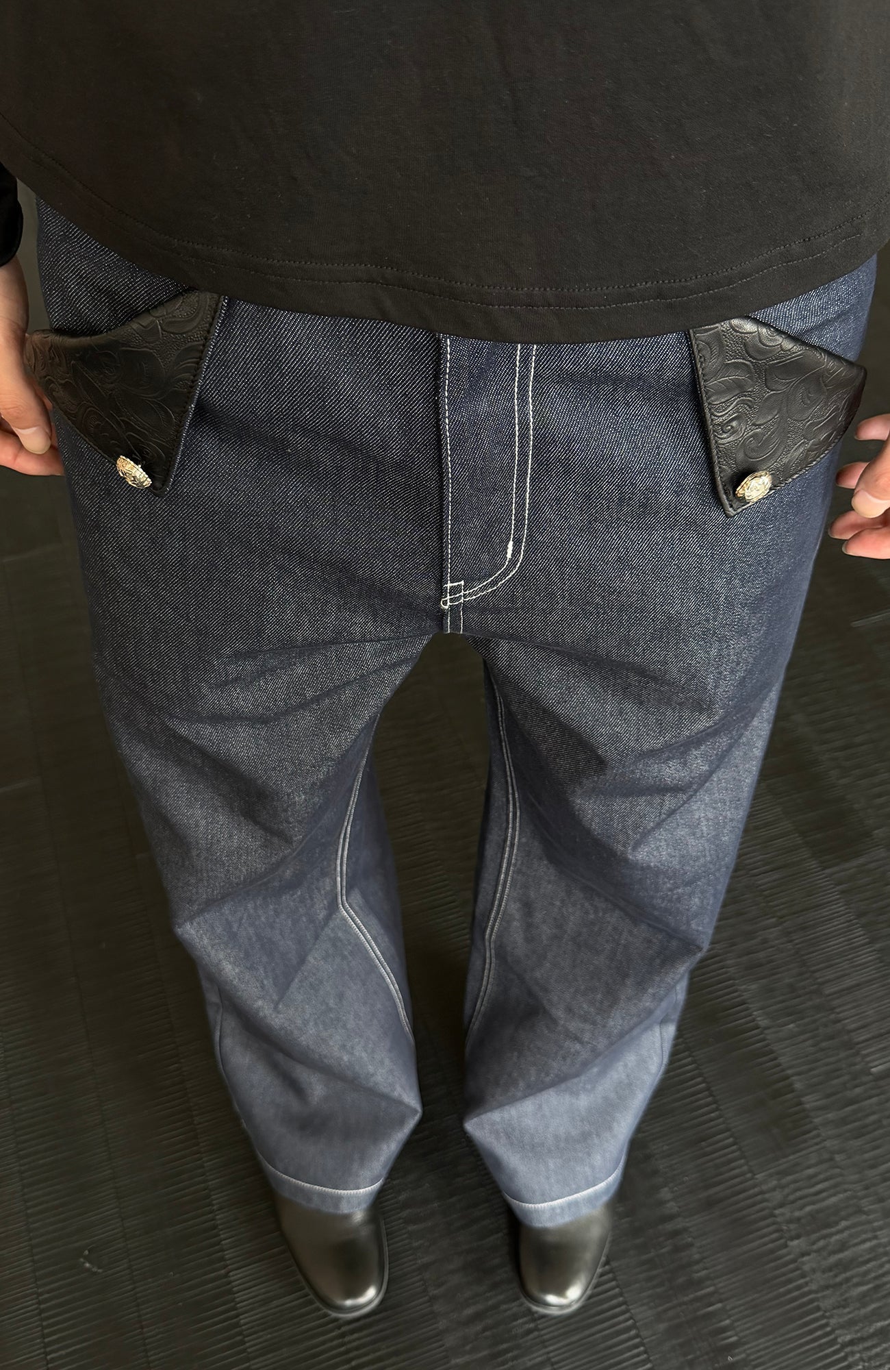 KREATE Raw PU-Paneled Flare Denim-Jeans-S (Preorder)-Free Shipping Leatheretro