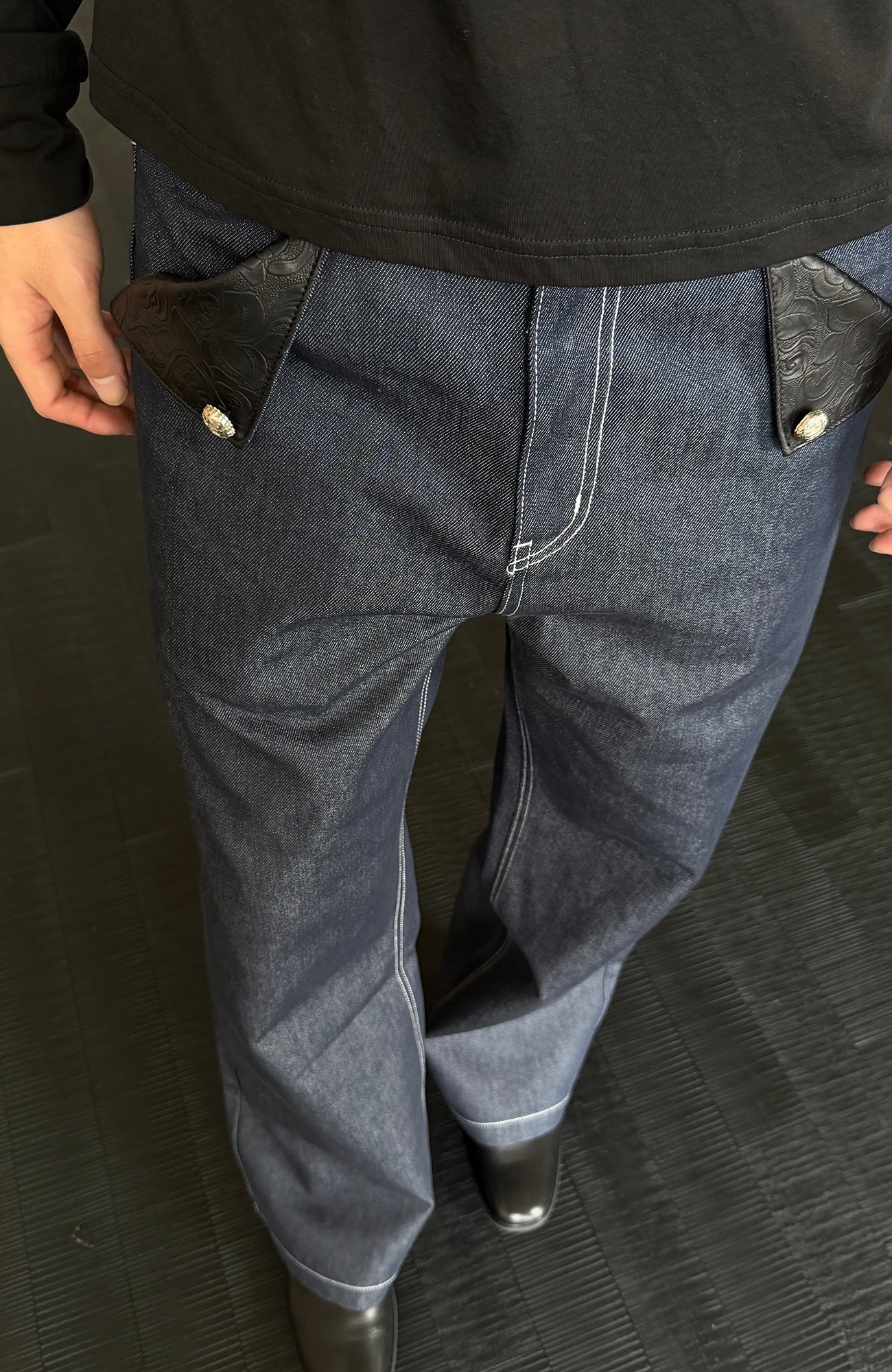 KREATE Raw PU-Paneled Flare Denim-Jeans-S (Preorder)-Free Shipping Leatheretro