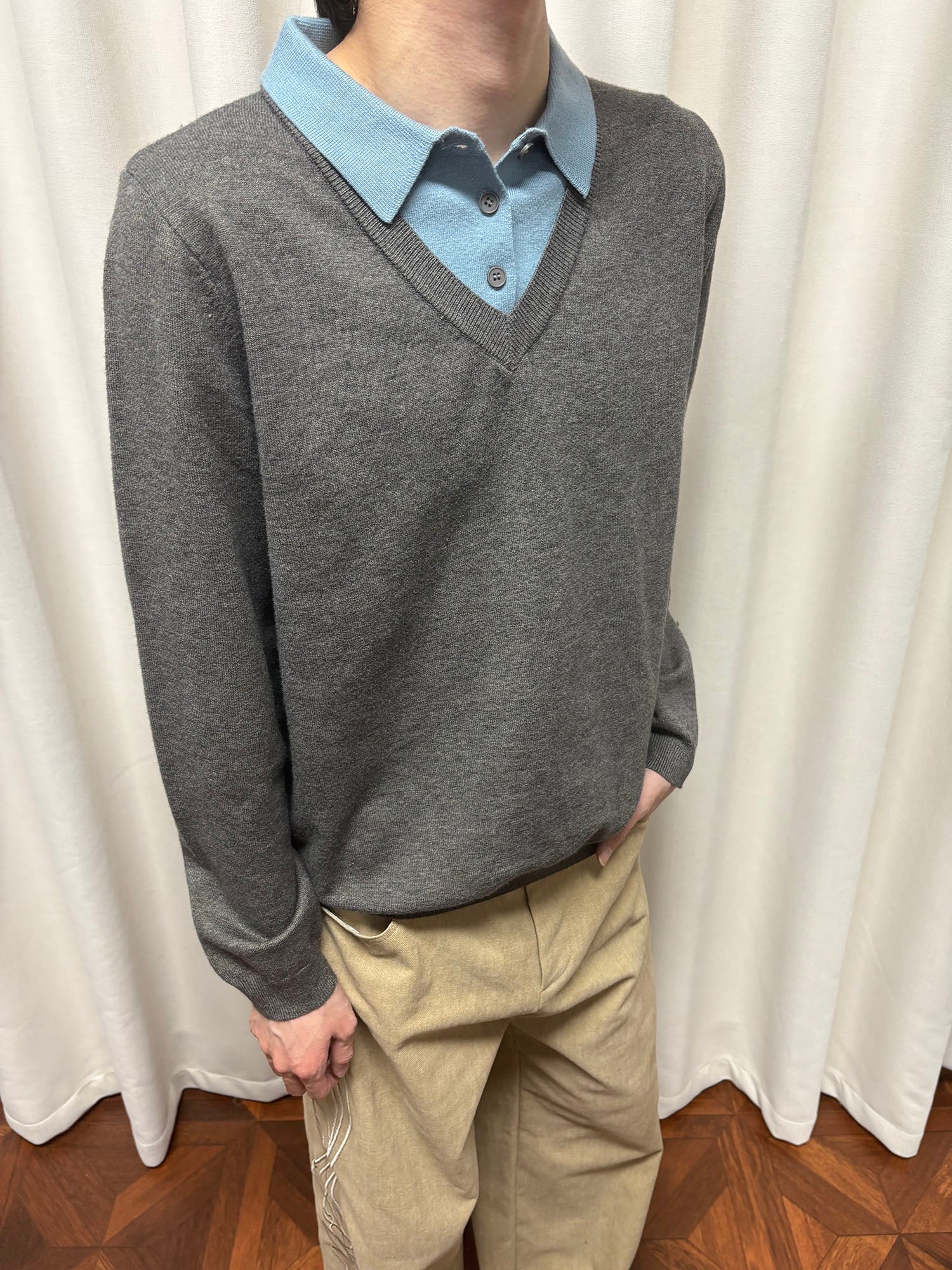 KREATE Contrast Faux Layered Polo Sweater-Sweater-S-Gray-Free Shipping Leatheretro