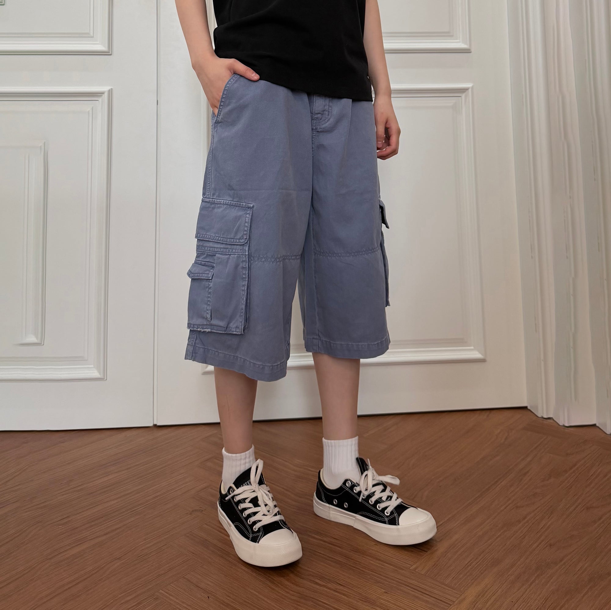 KREATE Washed Multi-Pocket Cargo Shorts-Shorts-S (Preorder)-Blue-Free Shipping Leatheretro