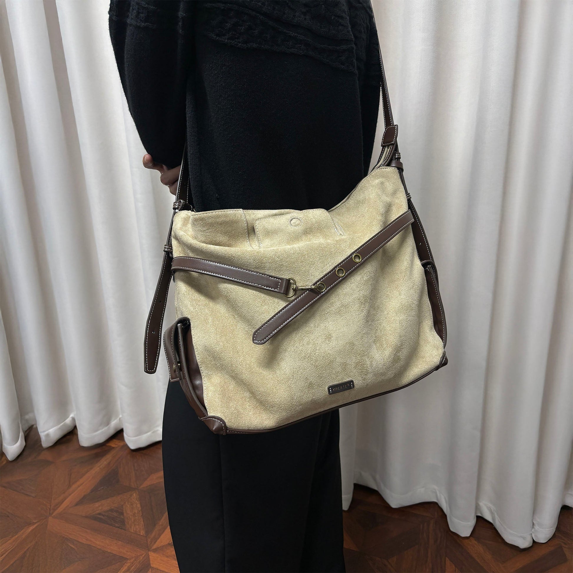 KREATE Faux Suede Panel Messenger Bag-Bag-Khaki-Free Shipping Leatheretro