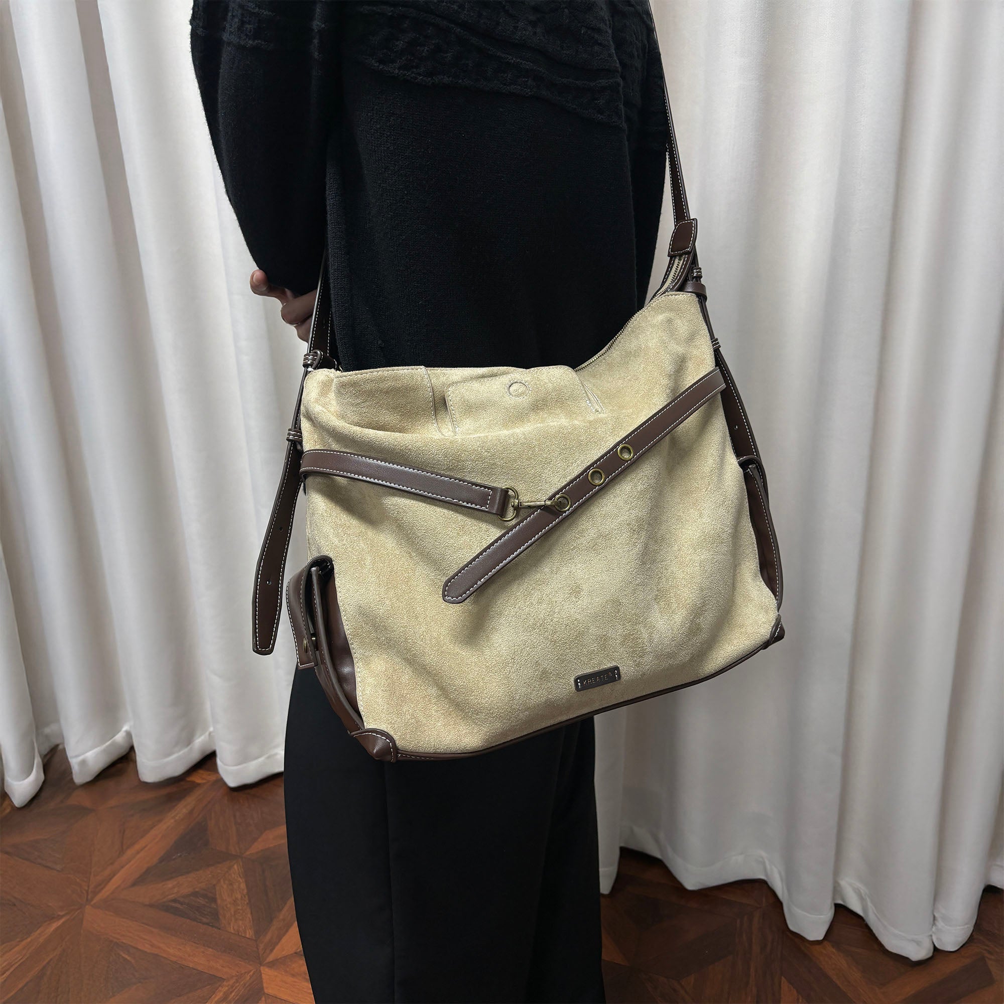 KREATE Faux Suede Panel Messenger Bag-Bag-Khaki-Free Shipping Leatheretro