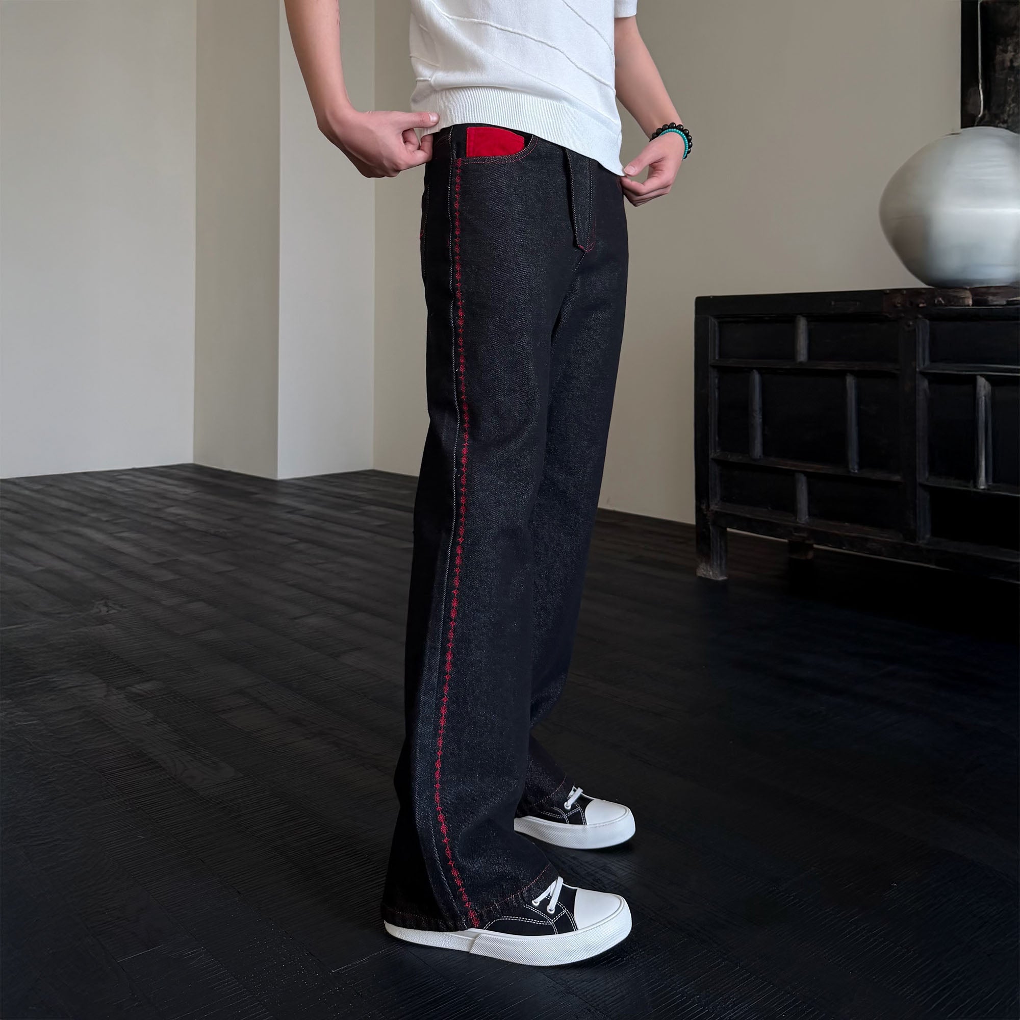 KREATE Contrast Stitched Flared Raw Denim Pants-Jeans-S-Free Shipping Leatheretro