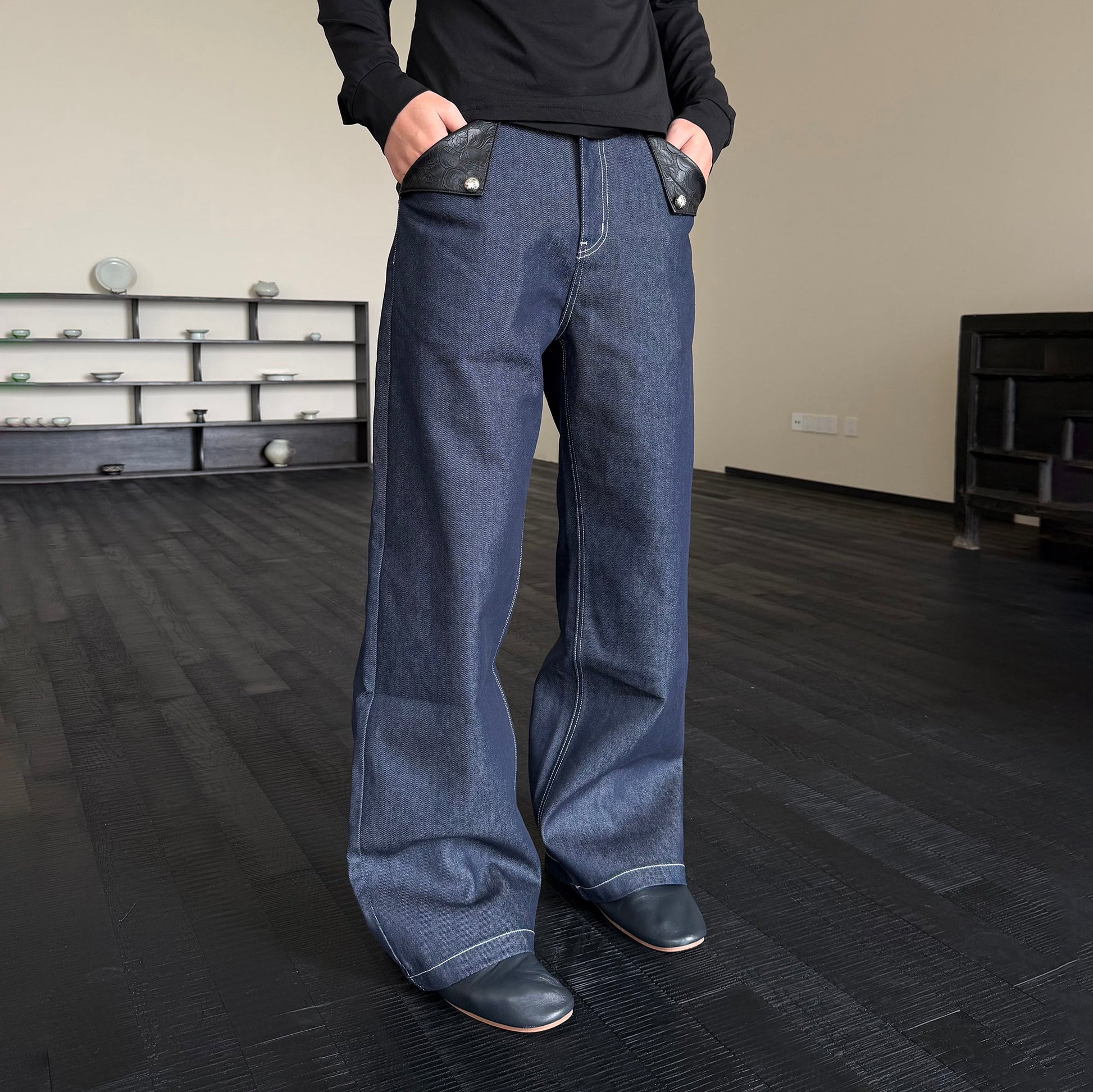 KREATE Raw PU-Paneled Flare Denim-Jeans-S (Preorder)-Free Shipping Leatheretro