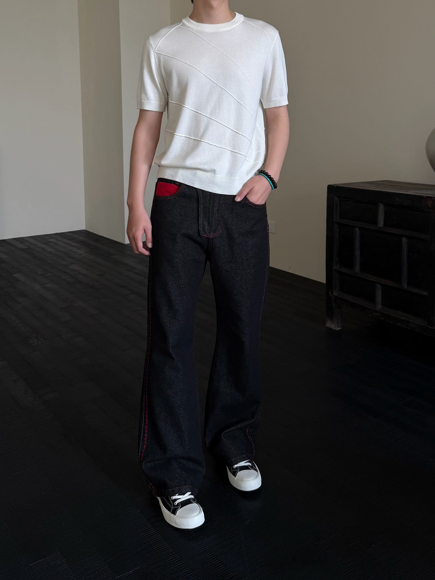 KREATE Contrast Stitched Flared Raw Denim Pants-Jeans-S-Free Shipping Leatheretro