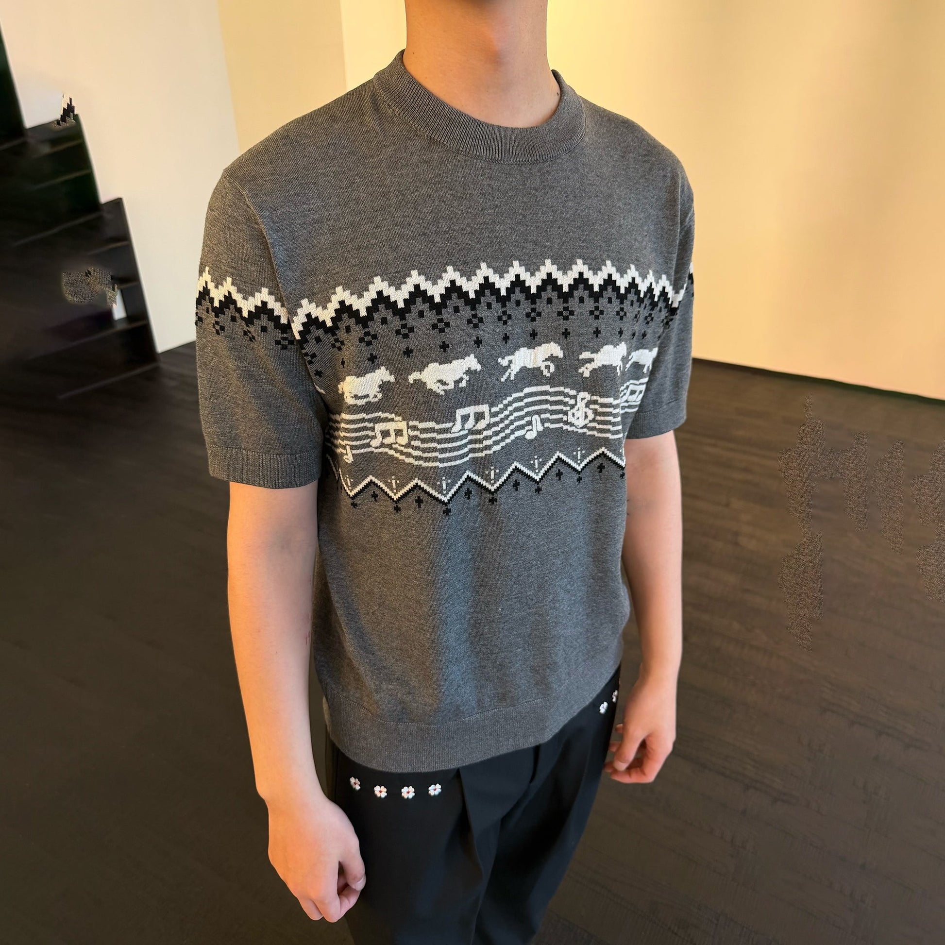 KREATE Horse Jacquard Knit Tee-T Shirt-S (Preorder)-Black-Free Shipping Leatheretro