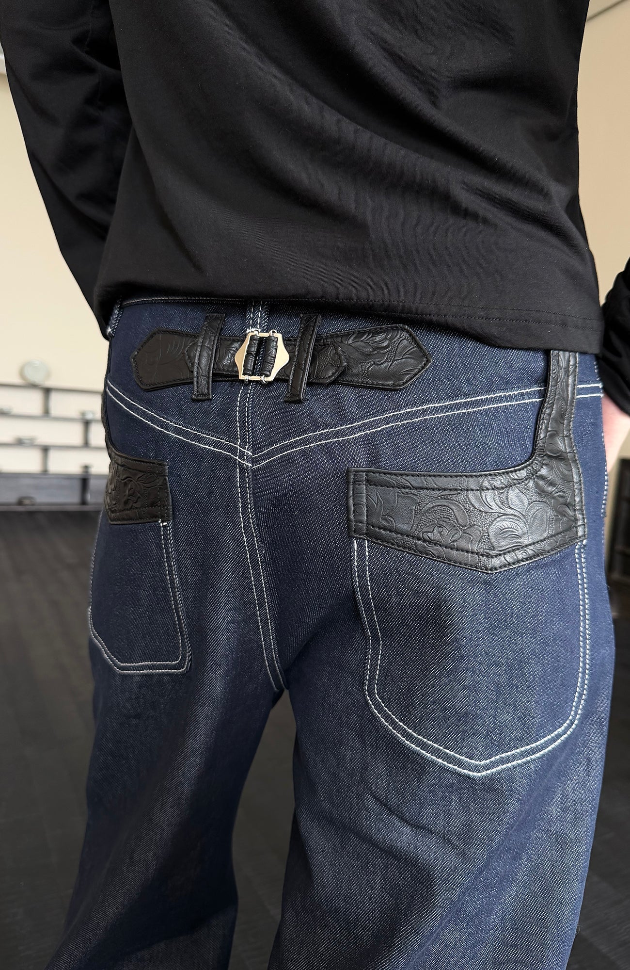KREATE Raw PU-Paneled Flare Denim-Jeans-S (Preorder)-Free Shipping Leatheretro