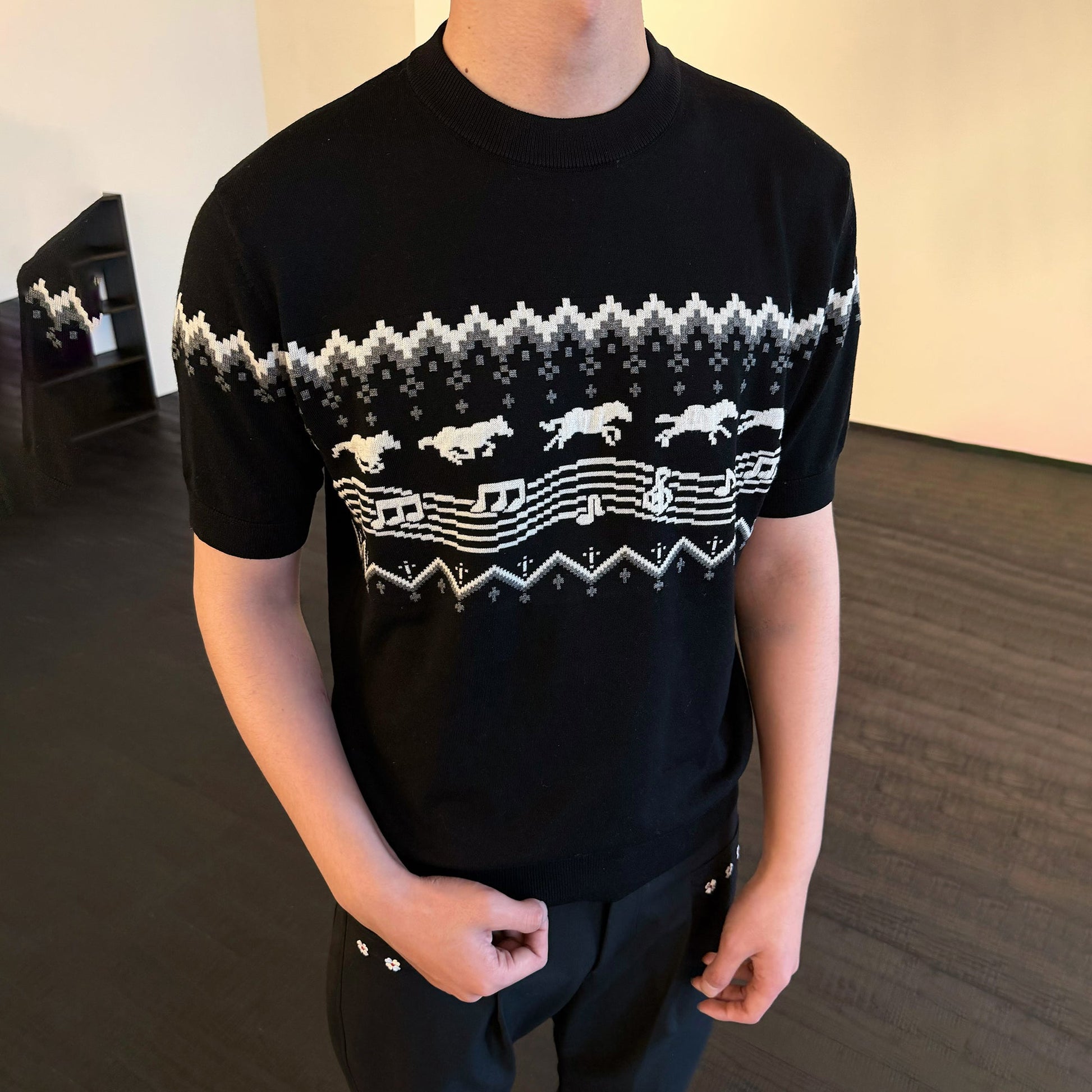 KREATE Horse Jacquard Knit Tee-T Shirt-S (Preorder)-Black-Free Shipping Leatheretro
