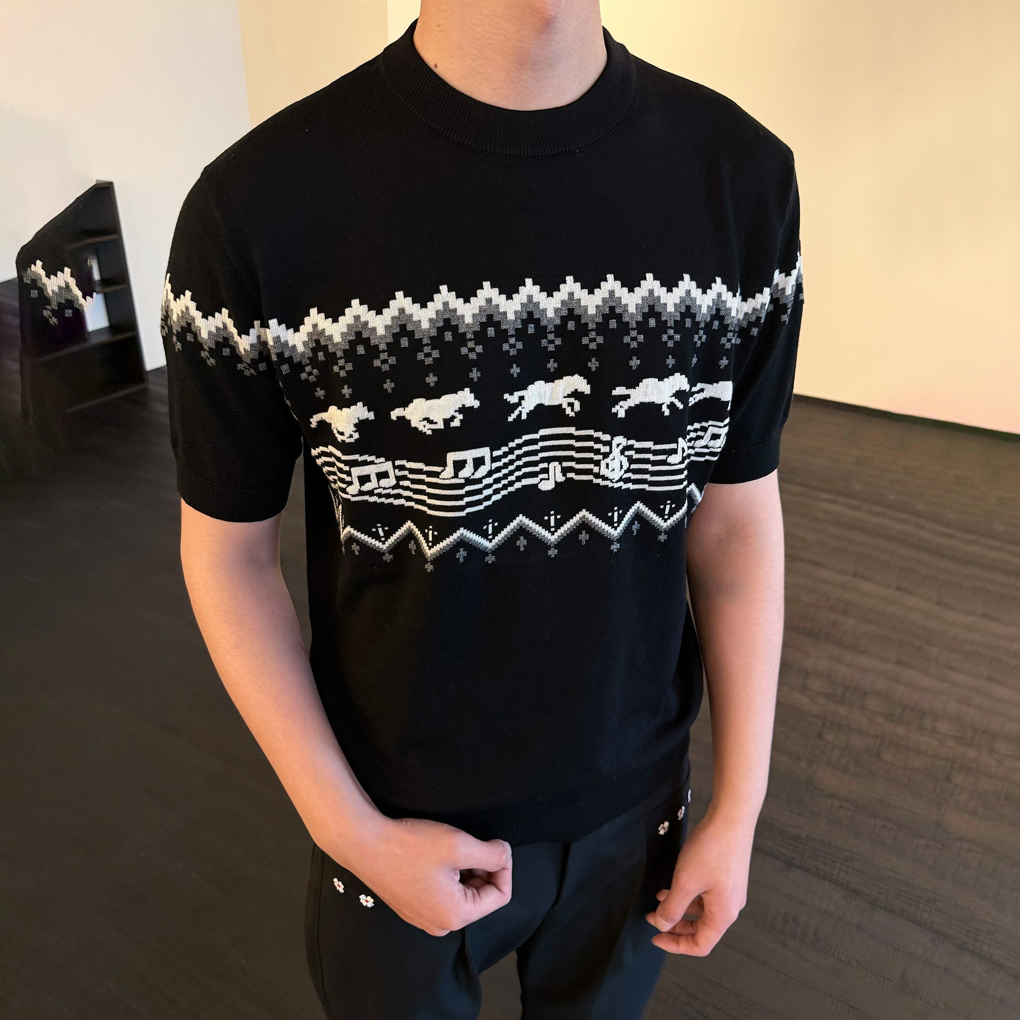 KREATE Horse Jacquard Knit Tee-T Shirt-S (Preorder)-Black-Free Shipping Leatheretro