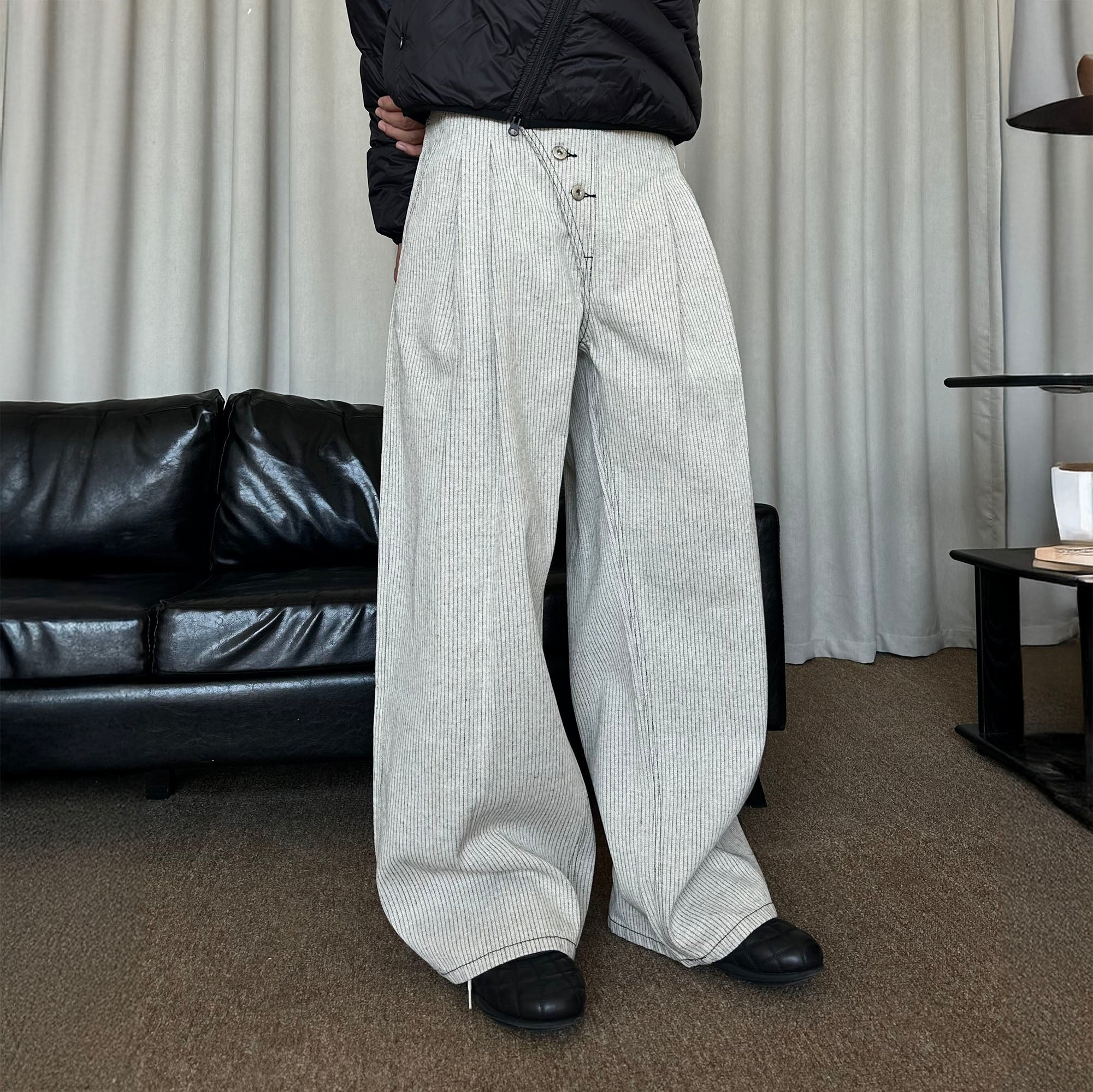 KREATE Asymmetric Button-Up Pleated Jeans-Jeans-S-Black-Free Shipping Leatheretro