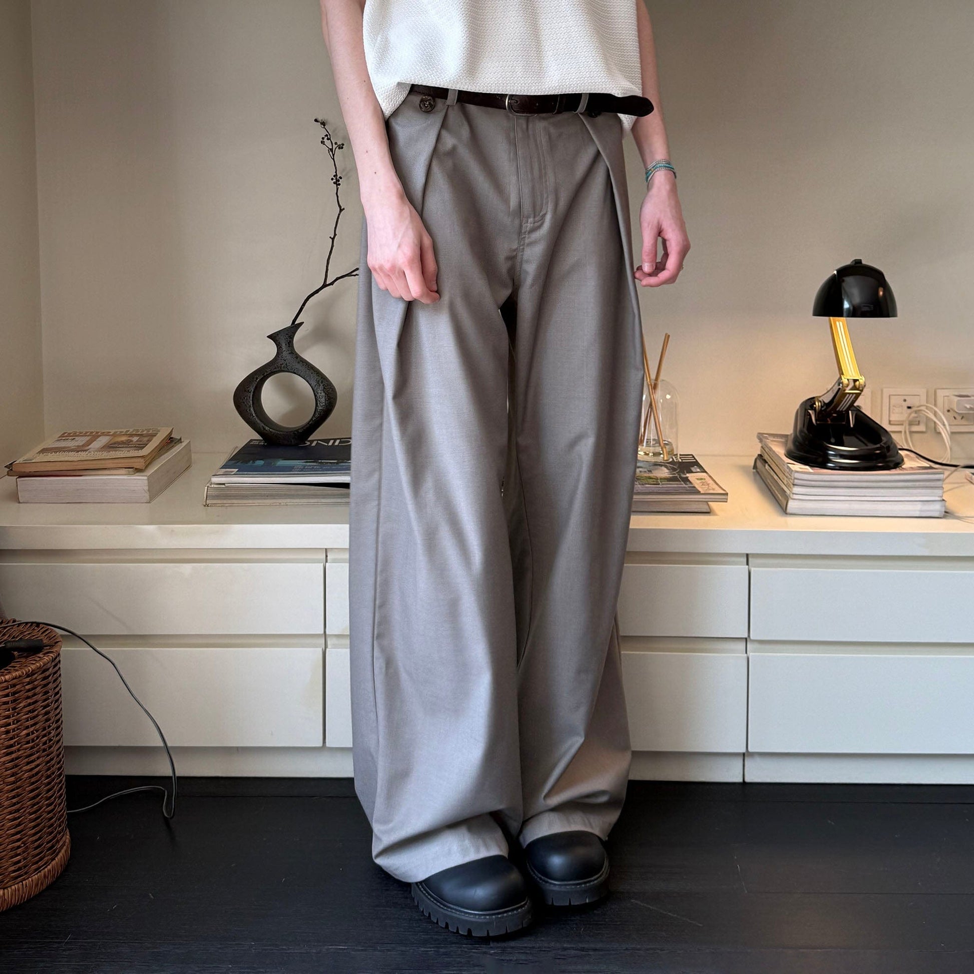 KREATE Inverted Pleats Wide-Leg Trousers-Pants-S-Gray-Free Shipping Leatheretro