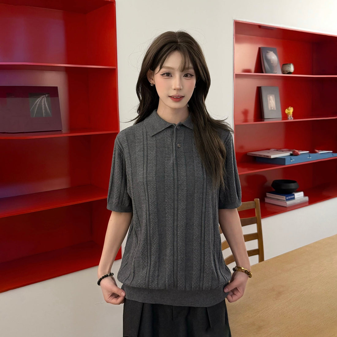 KREATE Retro Jacquard Knit Polo-T Shirt-S (Preorder)-Gray-Free Shipping Leatheretro