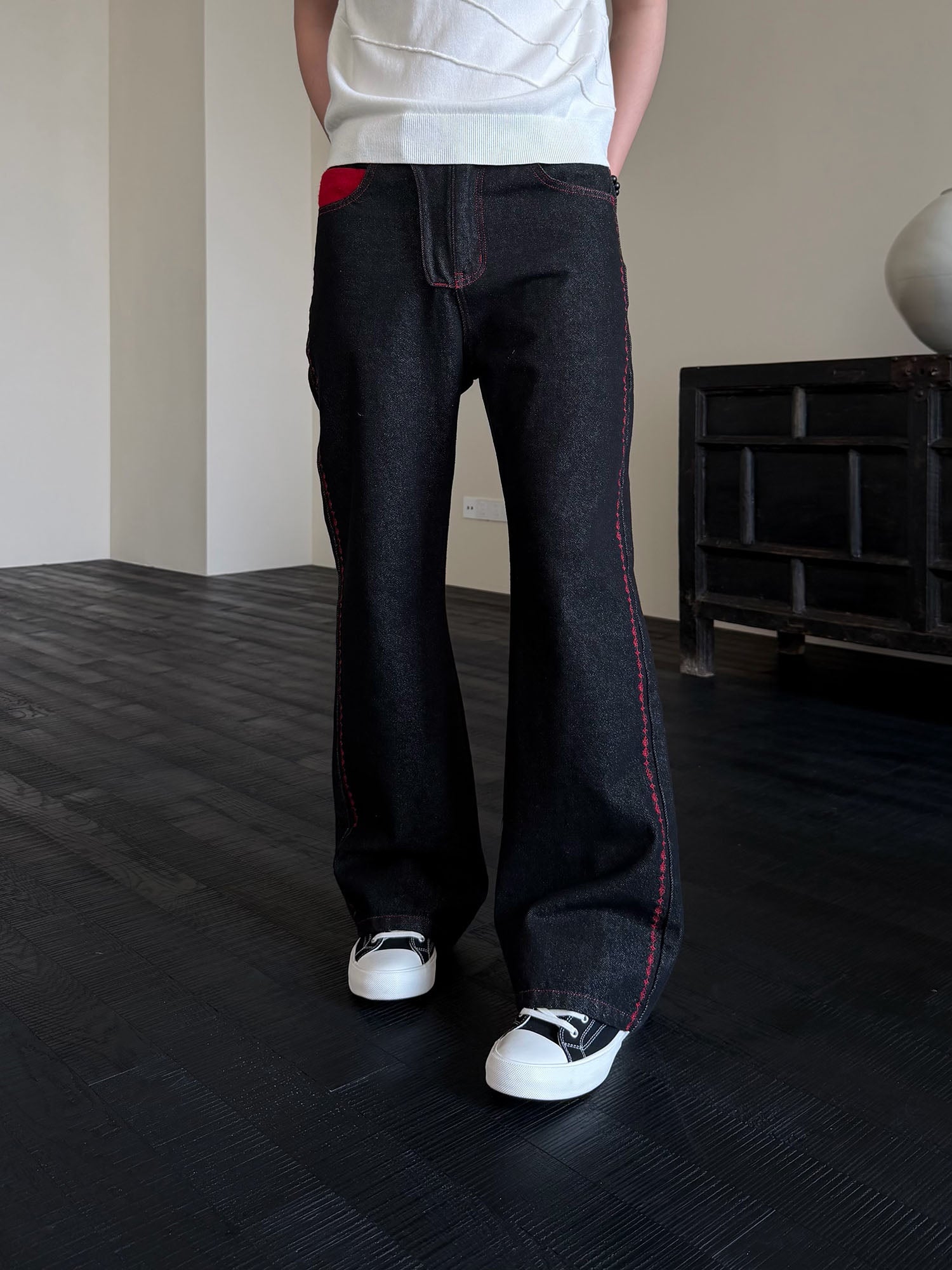 KREATE Contrast Stitched Flared Raw Denim Pants-Jeans-S-Free Shipping Leatheretro