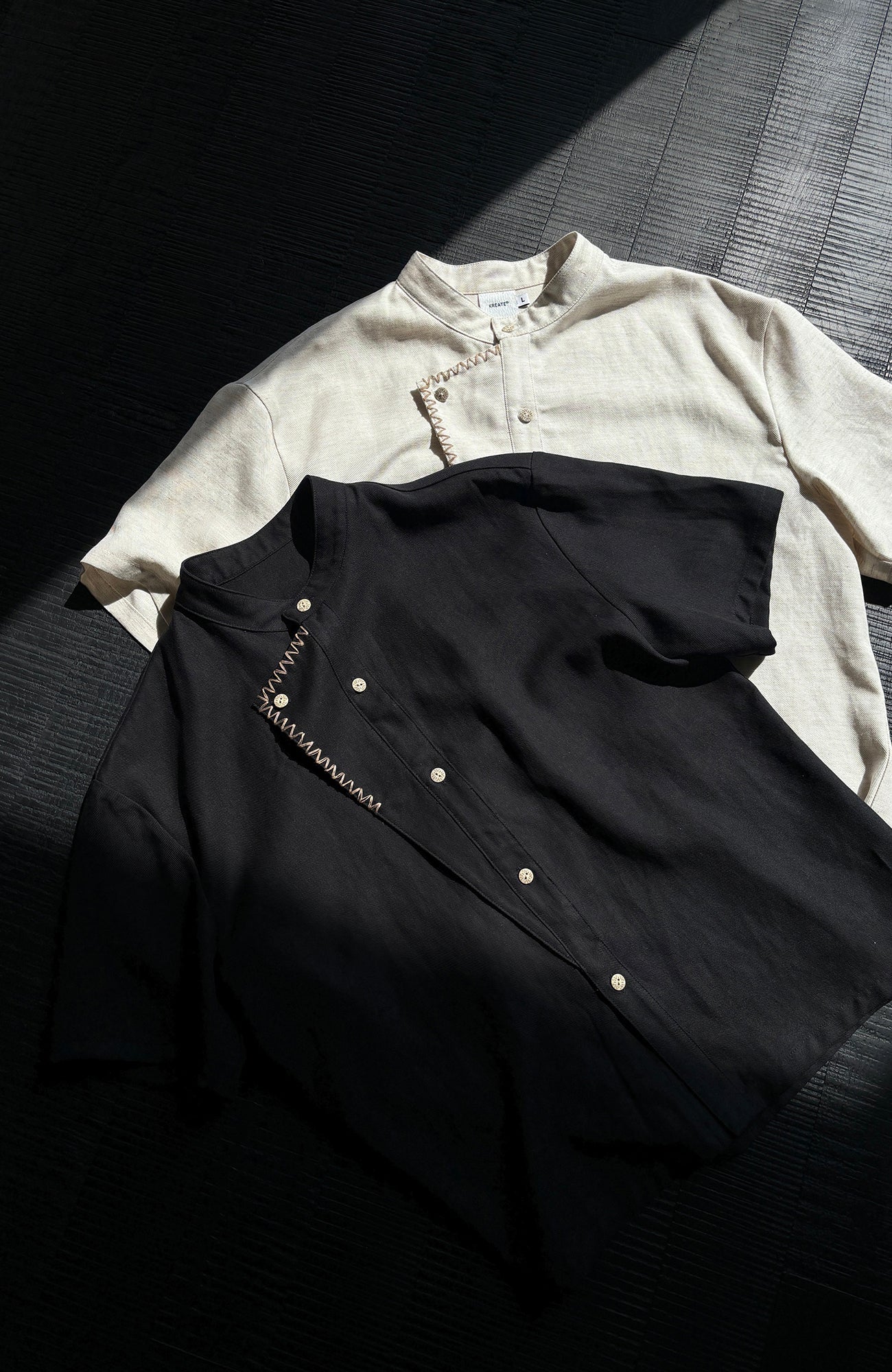 KREATE Stitched Faux-Placket Short Sleeve Shirt-Shirt-S-Black-Free Shipping Leatheretro