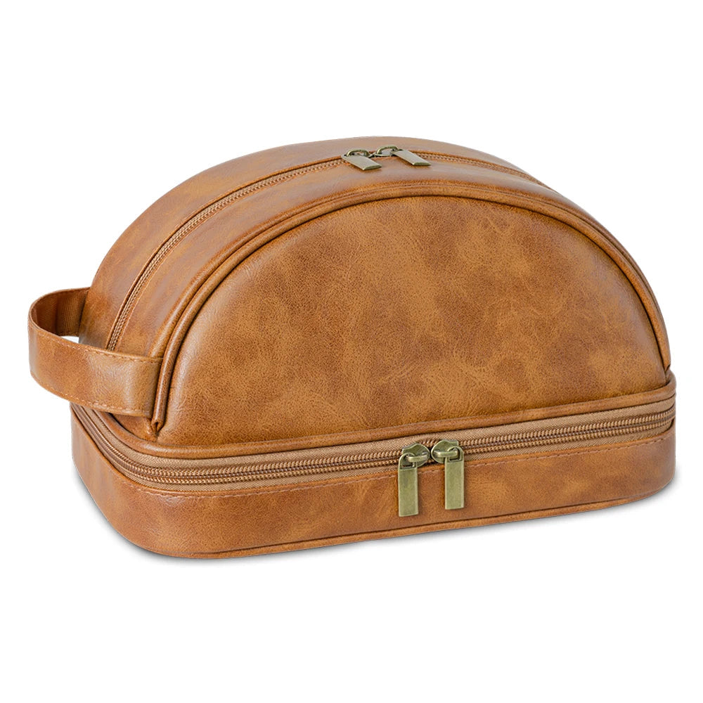 Men's Leather Waterproof Toiletry Bag - Large Capacity Storage Cosmetic Case-Travel Pouch-Light Brown-Free Shipping Leatheretro