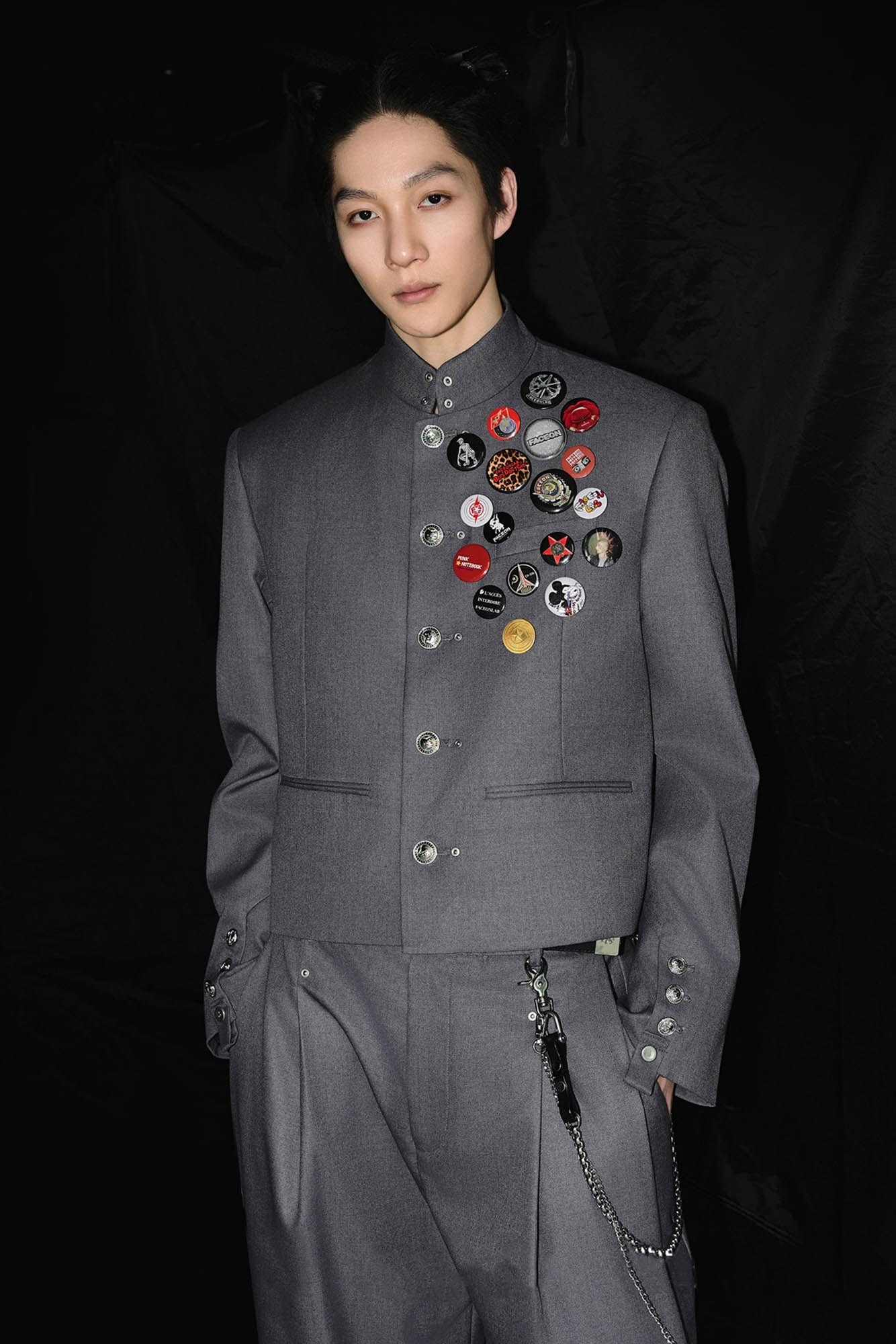 FACEONLAB Wool-Blended Cropped Uniform Blazer Gray-Jacket-M-With Badge-Free Shipping Leatheretro