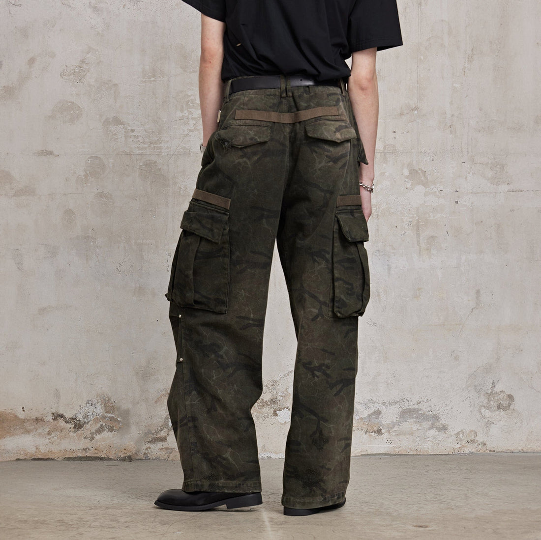 FACEONLAB Distressed Cracked Crinkled Multi-Pocket Military Cargo-Pants-M-Free Shipping Leatheretro