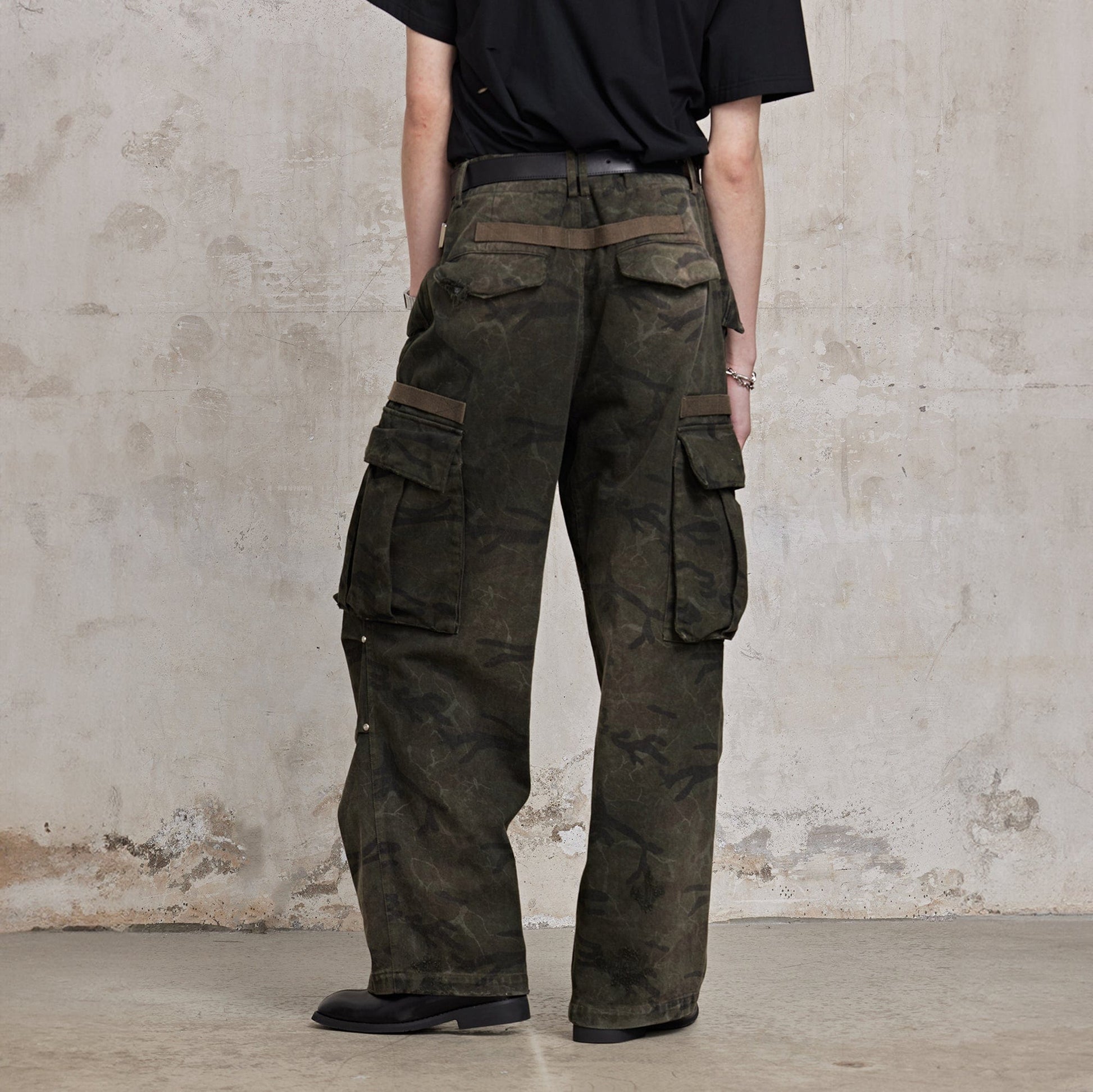 FACEONLAB Distressed Cracked Crinkled Multi-Pocket Military Cargo-Pants-M-Free Shipping Leatheretro
