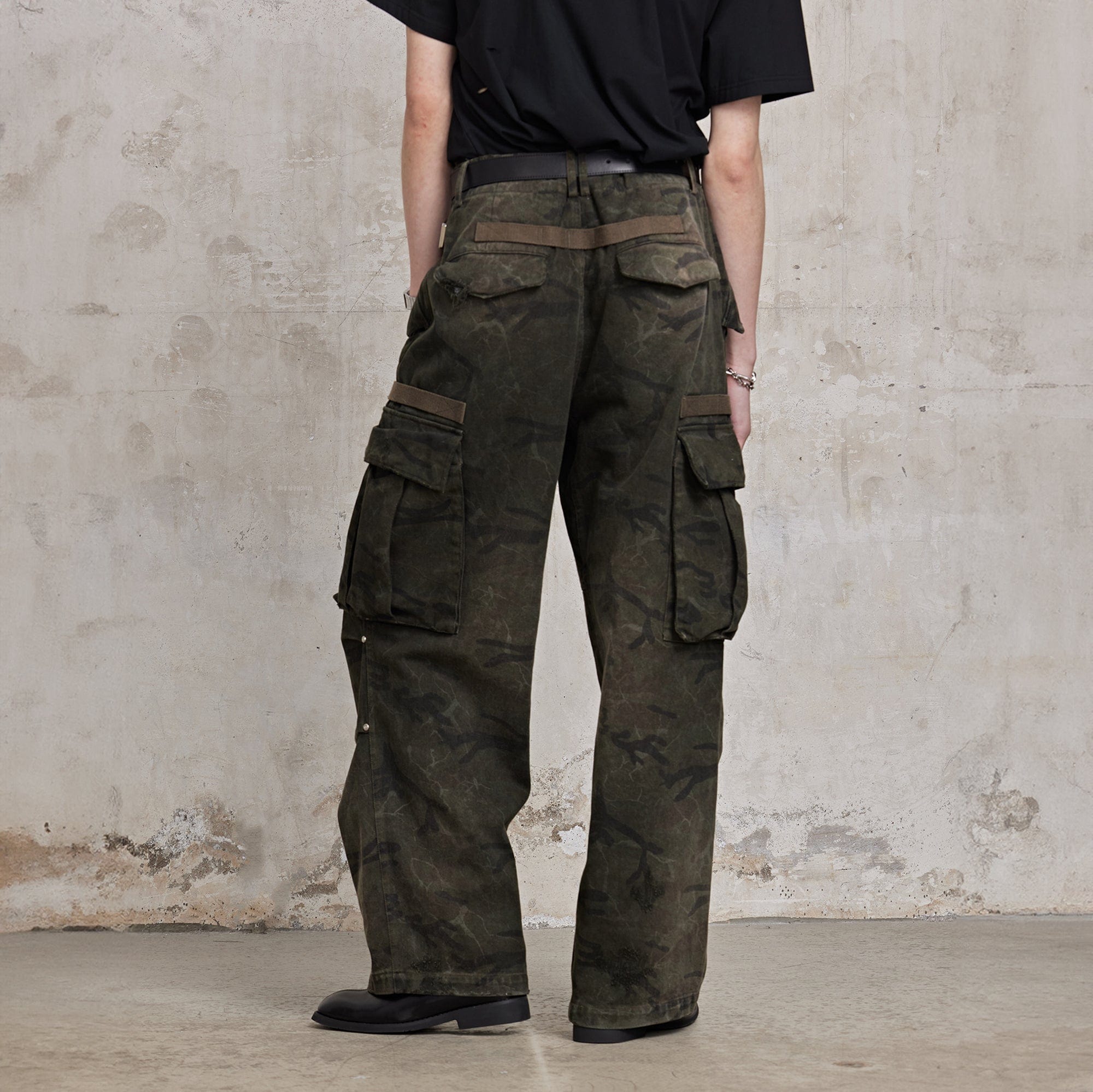 FACEONLAB Distressed Cracked Crinkled Multi-Pocket Military Cargo-Pants-M-Free Shipping Leatheretro