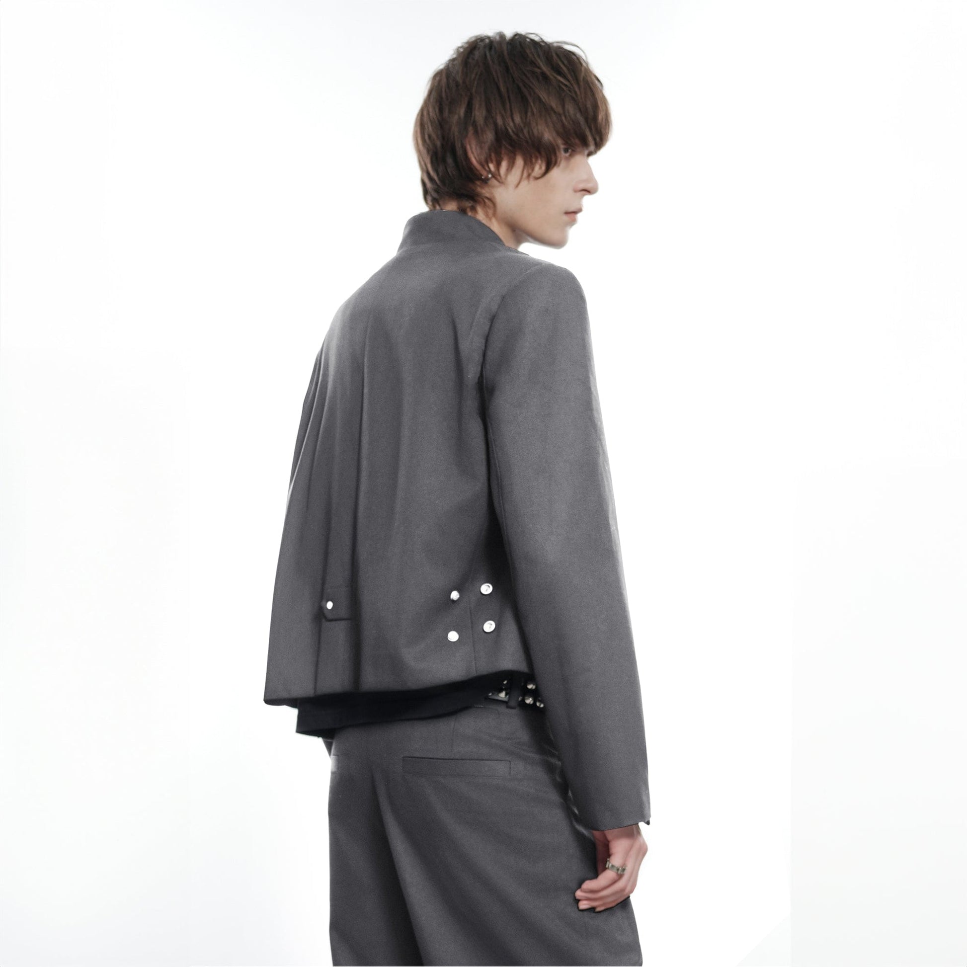 FACEONLAB Wool-Blended Cropped Uniform Blazer Gray-Jacket-M-With Badge-Free Shipping Leatheretro