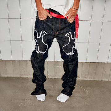 VINKID Peace Dove Embroidery Raw Jeans-Jeans-S-Free Shipping Leatheretro