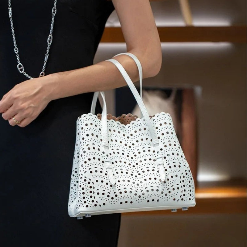 French Handmade Cowhide Leather Tote Bag - Vegetable Basket Versatile Handbag-Shopper Bag-White-Width 18 cm * Height 16 cm * Depth 8.5 cm-Free Shipping Leatheretro