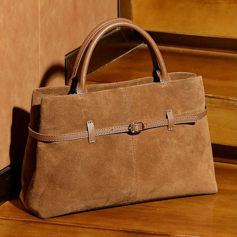 Suede Cowhide Genuine Leather Tote Handbags - Women Luxury Crossbody Bag-Handbags-Black-Free Shipping Leatheretro