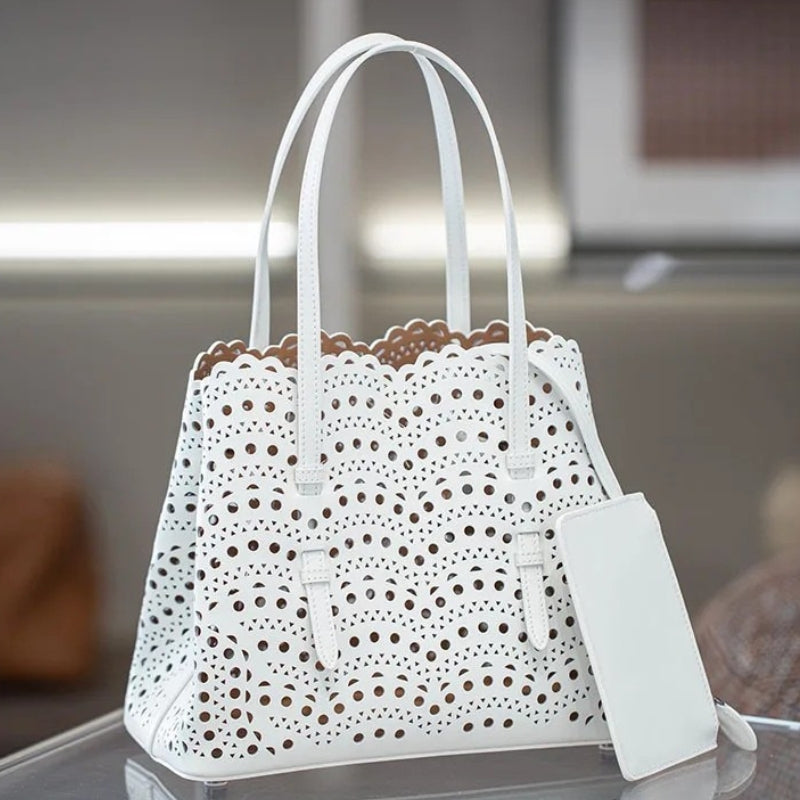 French Handmade Cowhide Leather Tote Bag - Vegetable Basket Versatile Handbag-Shopper Bag-White-Width 18 cm * Height 16 cm * Depth 8.5 cm-Free Shipping Leatheretro