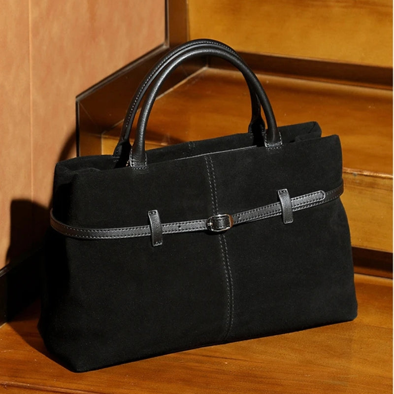 Suede Cowhide Genuine Leather Tote Handbags - Women Luxury Crossbody Bag-Handbags-Black-Free Shipping Leatheretro