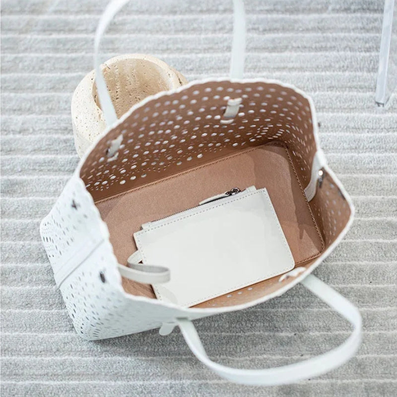 French Handmade Cowhide Leather Tote Bag - Vegetable Basket Versatile Handbag-Shopper Bag-White-Width 18 cm * Height 16 cm * Depth 8.5 cm-Free Shipping Leatheretro