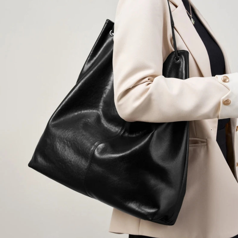 Cowhide Genuine Leather Hobo Shoulder Bag - Ladies Luxury Handbags-Shoulder Bag-Black-Free Shipping Leatheretro