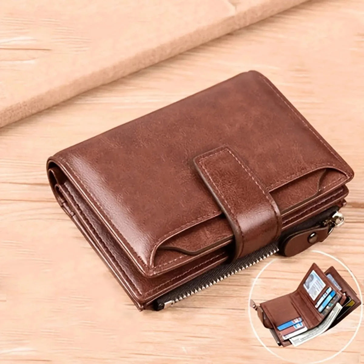RFID Anti-theft Zipper Coin Wallet - Man Business Card Holder-Wallets & Money Clips-Brown-Free Shipping Leatheretro