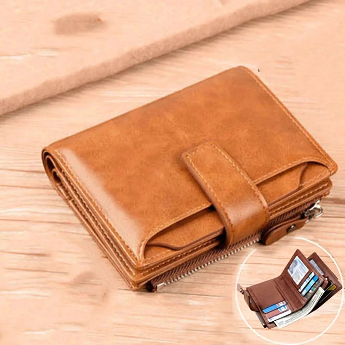 RFID Anti-theft Zipper Coin Wallet - Man Business Card Holder-Wallets & Money Clips-Khaki-Free Shipping Leatheretro