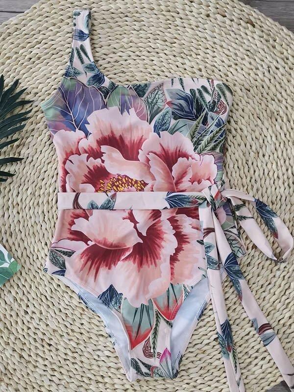 One-Shoulder Floral Sashes One-Piece Swimsuit-Women Swimwear-The same as picture-S-Free Shipping Leatheretro