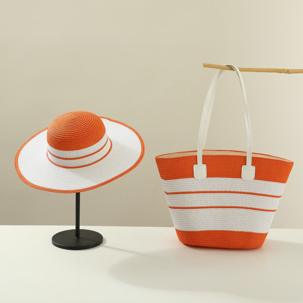 Handmade Designer Beach Straw Hat and Bag Set for Women-Tote Bag-Orange-Free Shipping Leatheretro