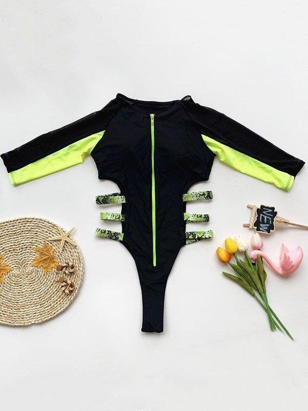 Long Sleeve One-Piece Wetsuit/Swimwear-Women Swimwear-BLUE-S-Free Shipping Leatheretro