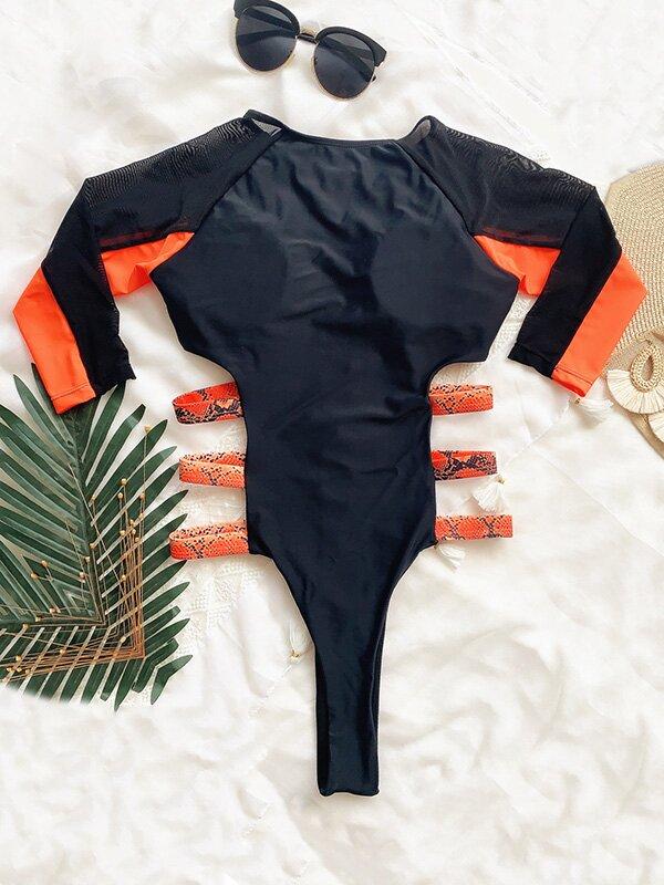 Long Sleeve One-Piece Wetsuit/Swimwear-Women Swimwear-BLUE-S-Free Shipping Leatheretro