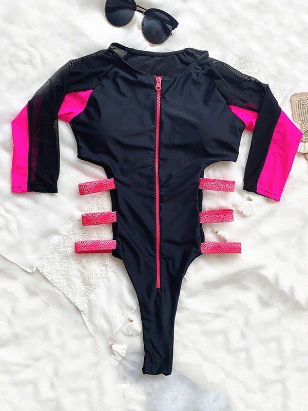 Long Sleeve One-Piece Wetsuit/Swimwear-Women Swimwear-BLUE-S-Free Shipping Leatheretro