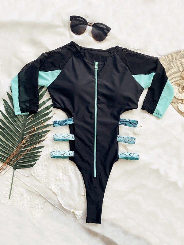 Long Sleeve One-Piece Wetsuit/Swimwear-Women Swimwear-BLUE-S-Free Shipping Leatheretro