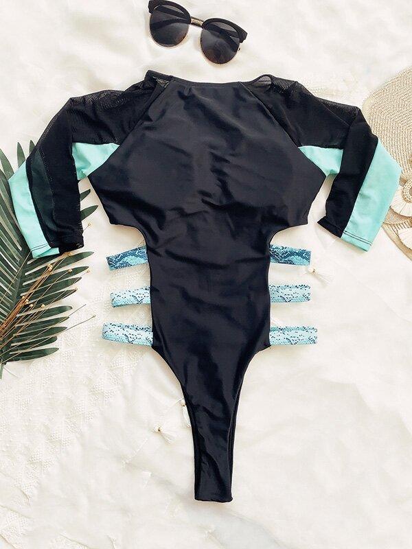 Long Sleeve One-Piece Wetsuit/Swimwear-Women Swimwear-BLUE-S-Free Shipping Leatheretro